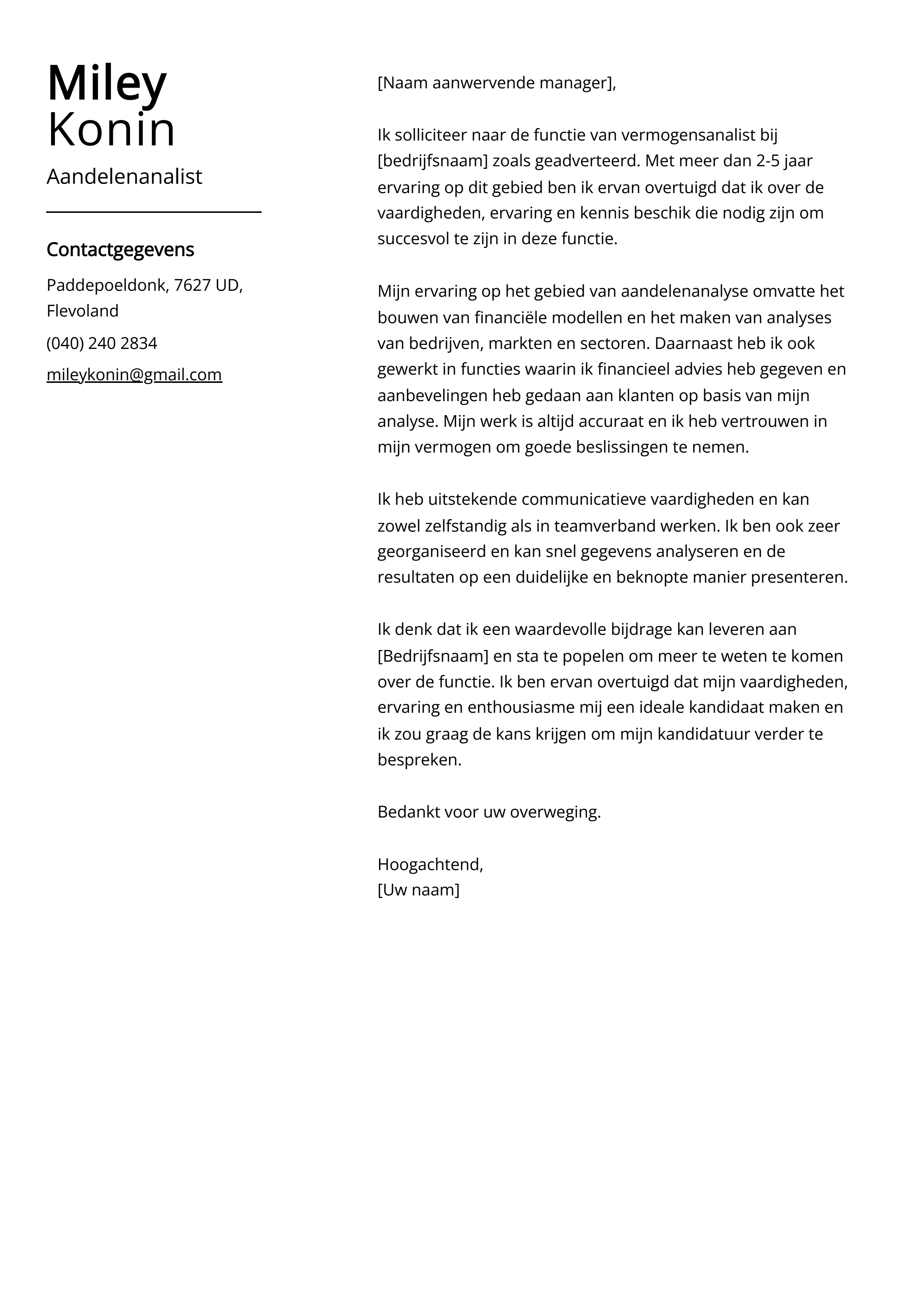 Aandelenanalist Cover Letter Voorbeeld