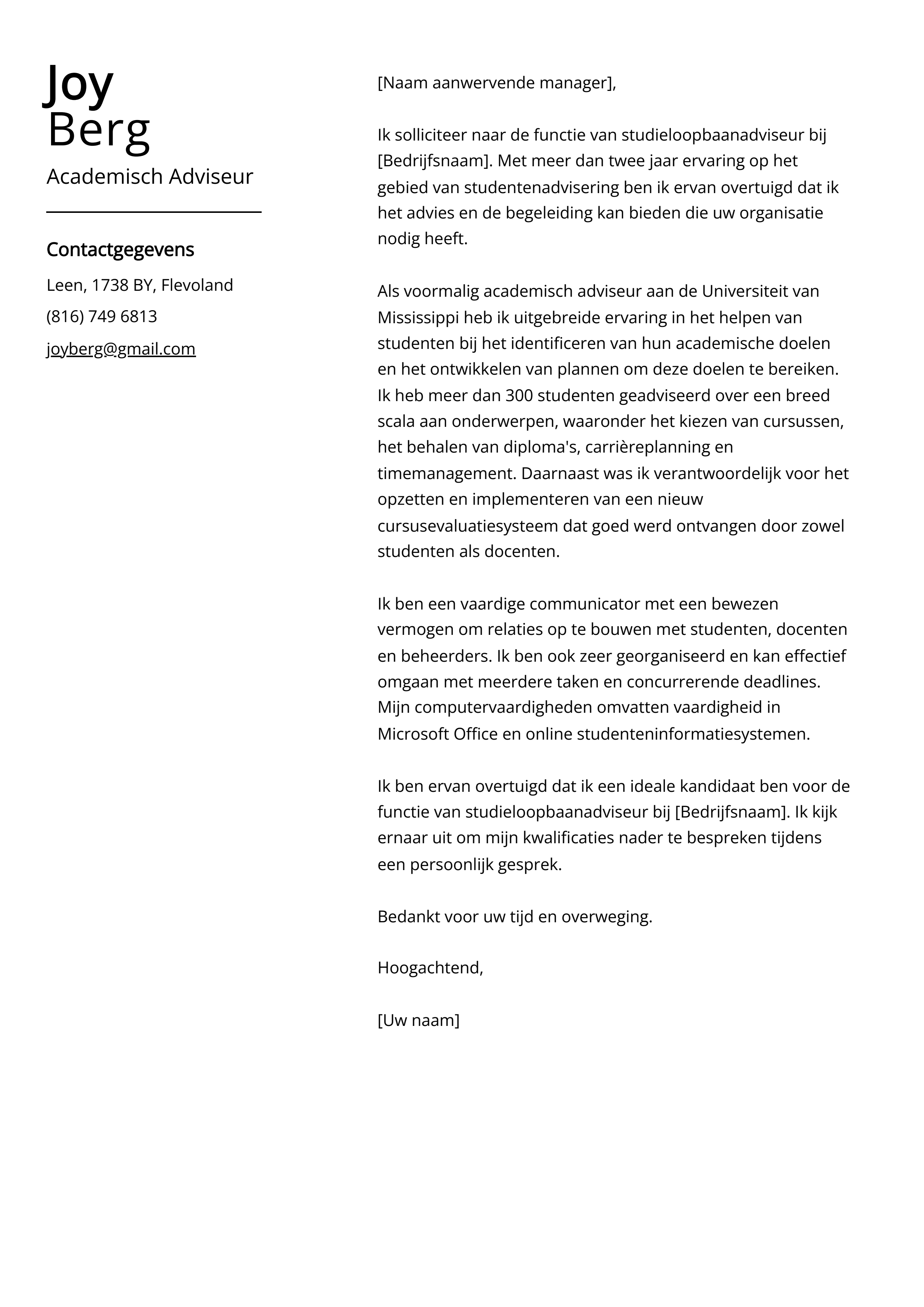 Academisch Adviseur Sollicitatiebrief Voorbeeld