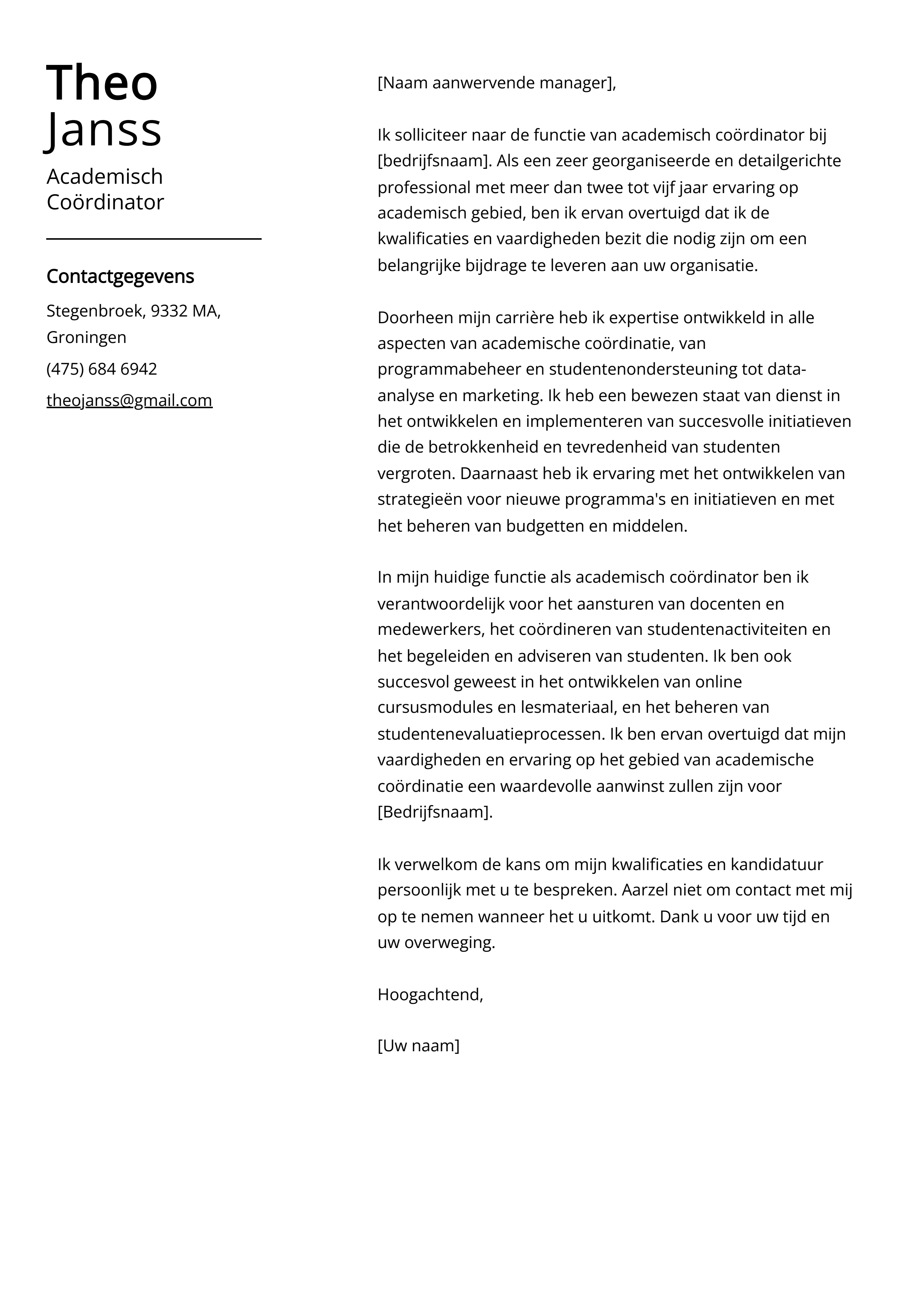 Academisch Coördinator Voorbeeld sollicitatiebrief