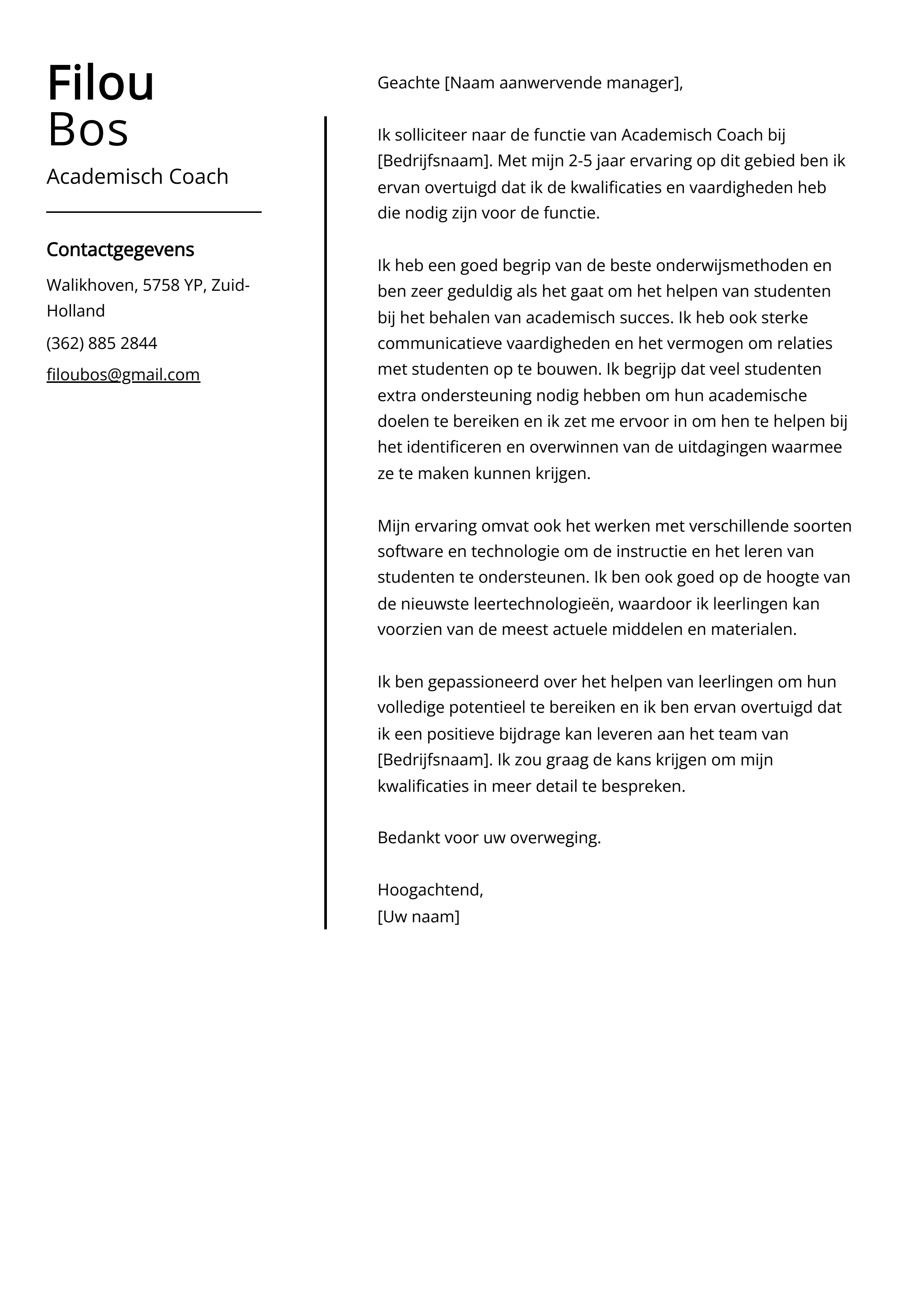 Academisch Coach Sollicitatiebrief Voorbeeld