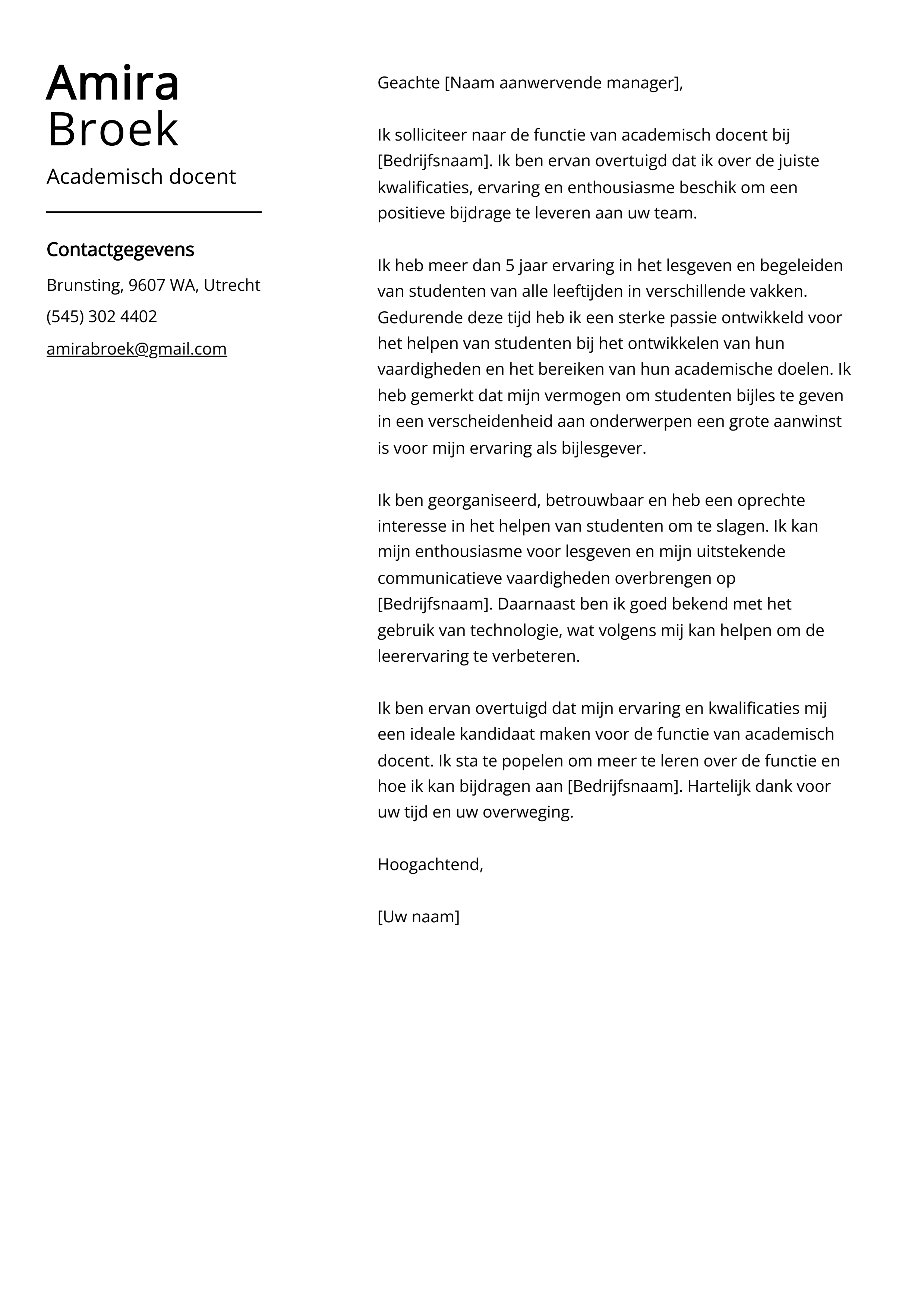 Academisch docent Voorbeeld sollicitatiebrief