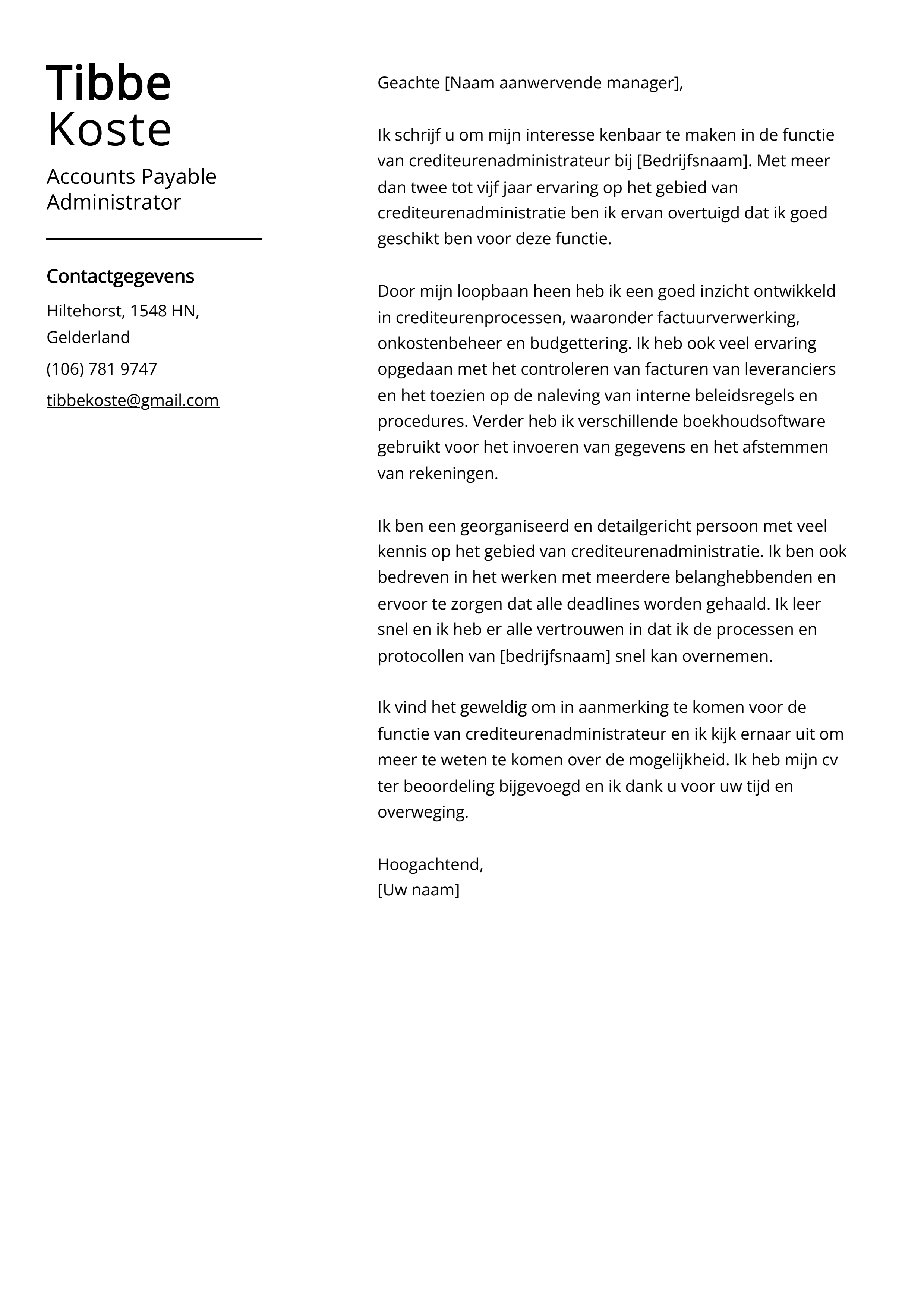 Accounts Payable Administrator Voorbeeld sollicitatiebrief