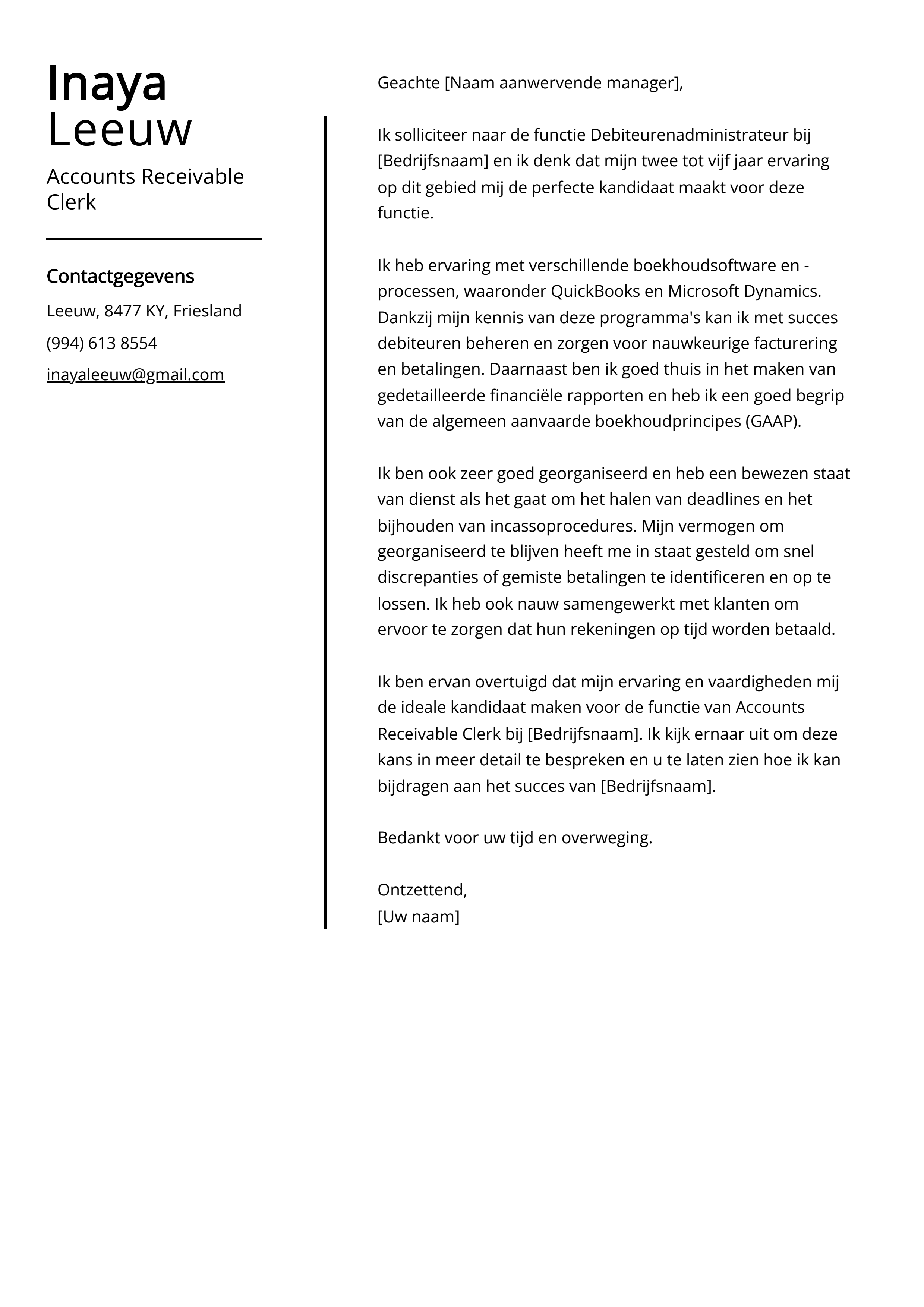 Accounts Receivable Clerk Voorbeeld sollicitatiebrief