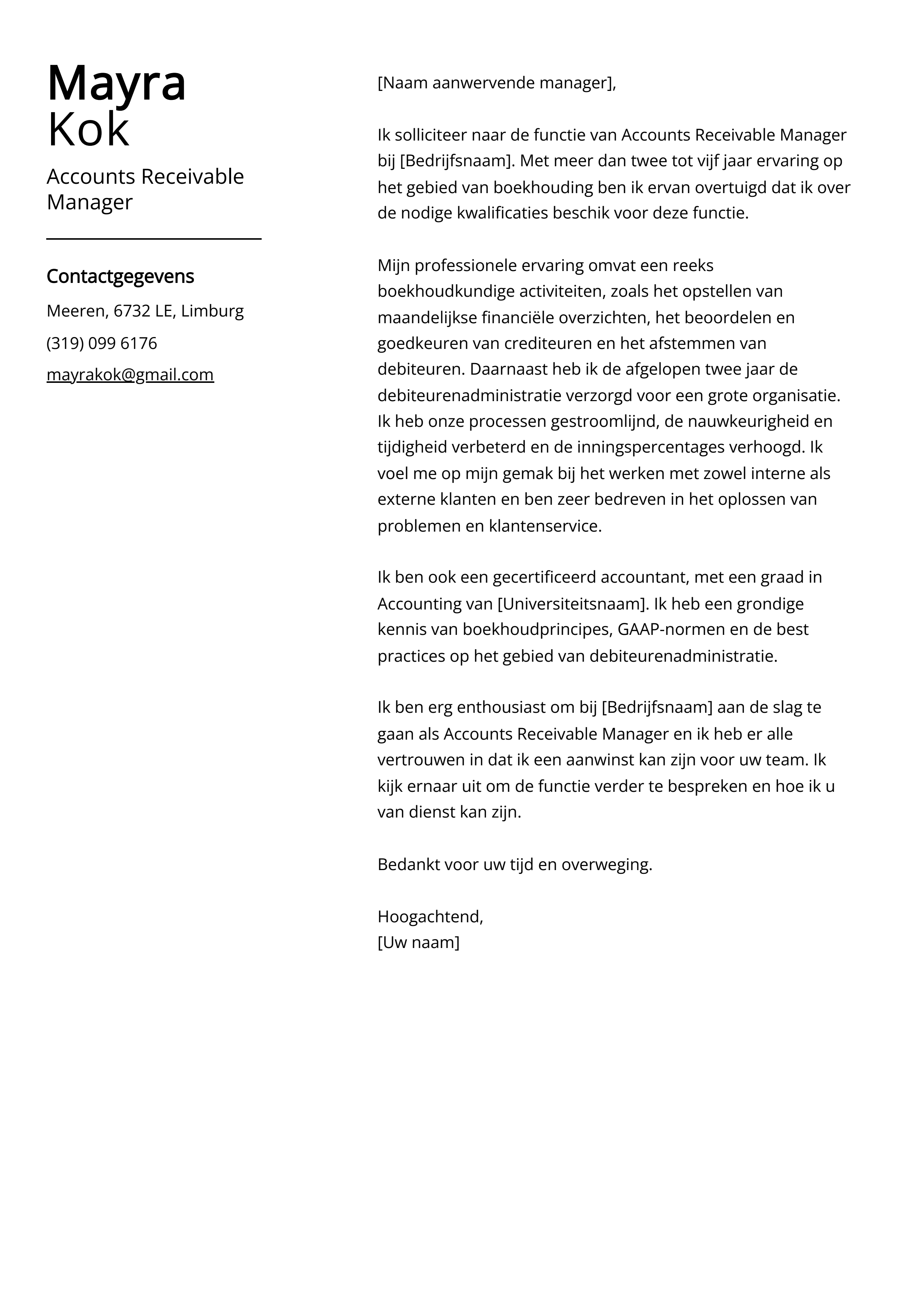 Accounts Receivable Manager Voorbeeld sollicitatiebrief