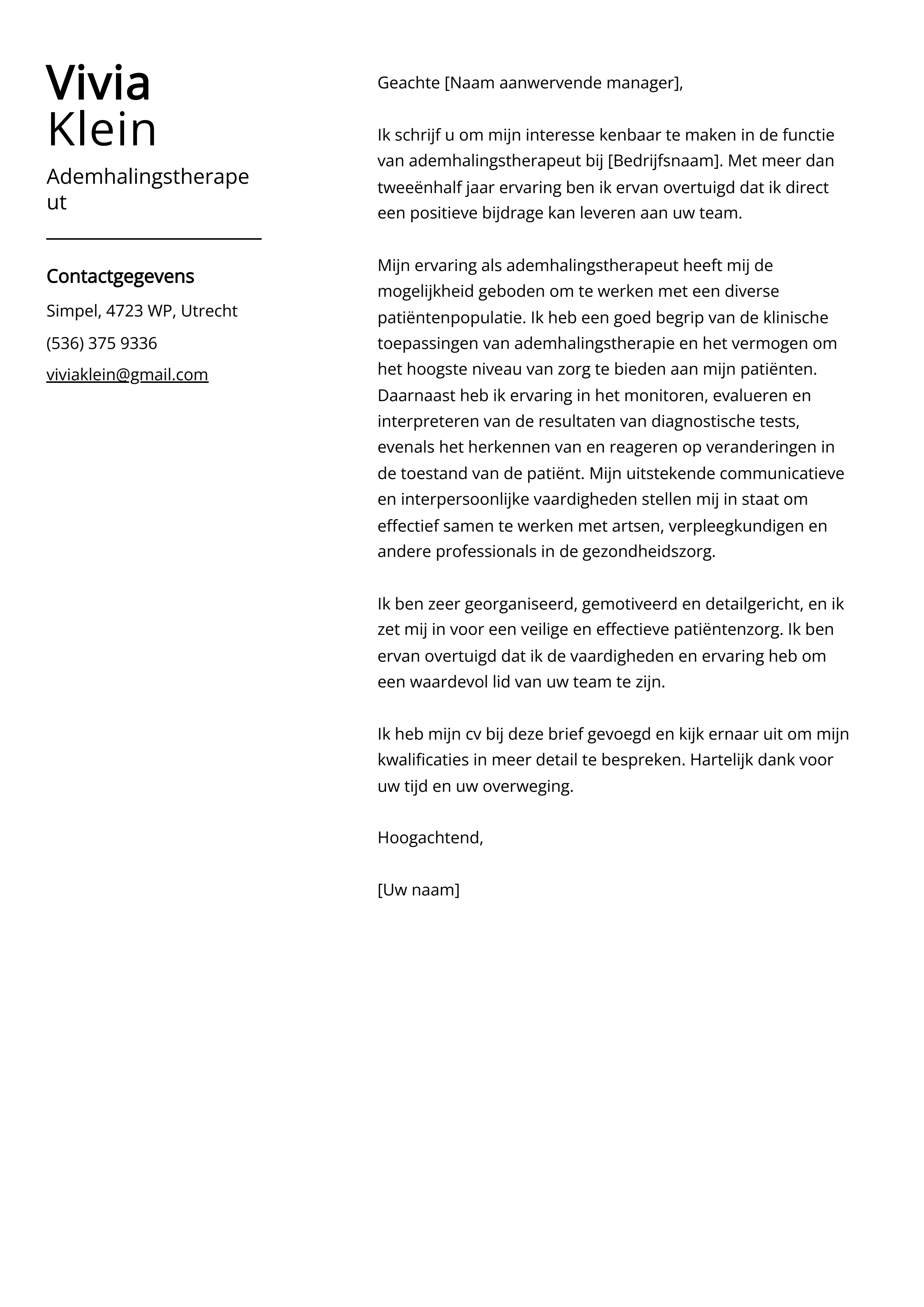 Ademhalingstherapeut Voorbeeld sollicitatiebrief