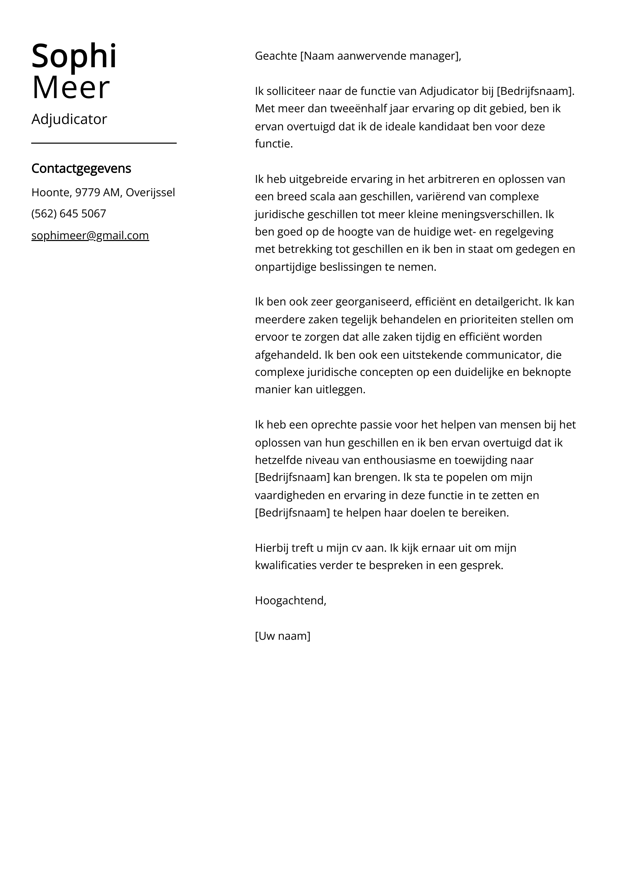 Adjudicator Voorbeeld sollicitatiebrief