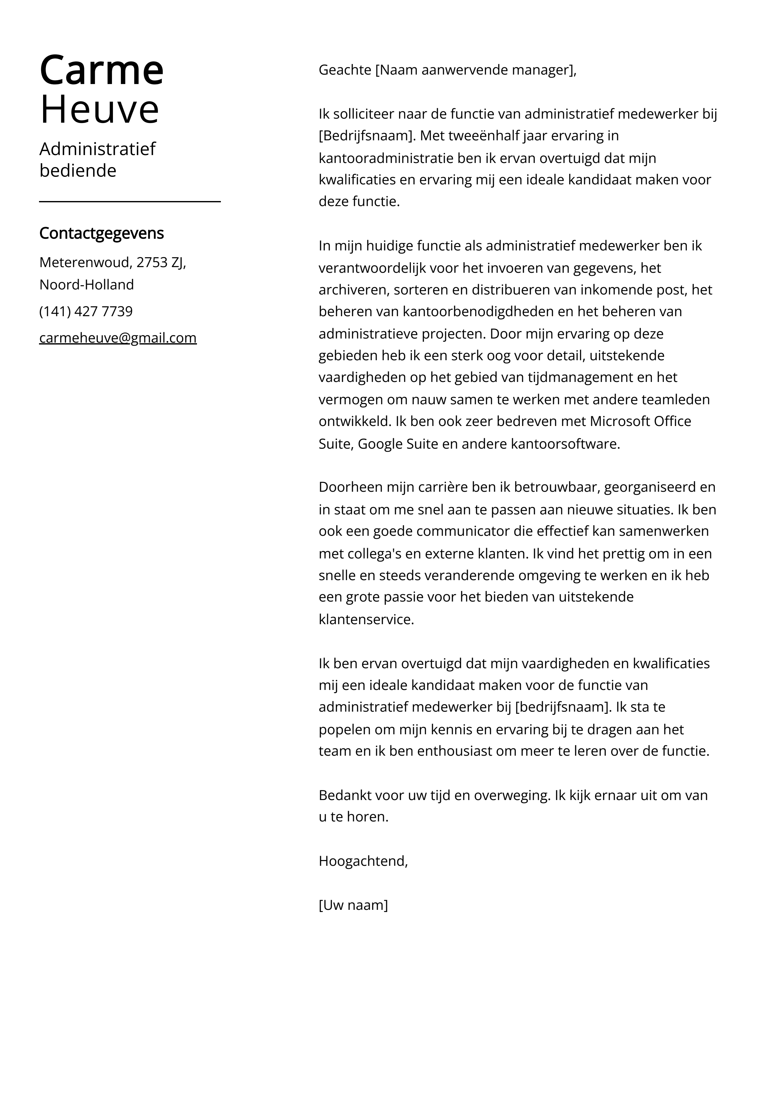 Administratief bediende sollicitatiebrief Voorbeeld