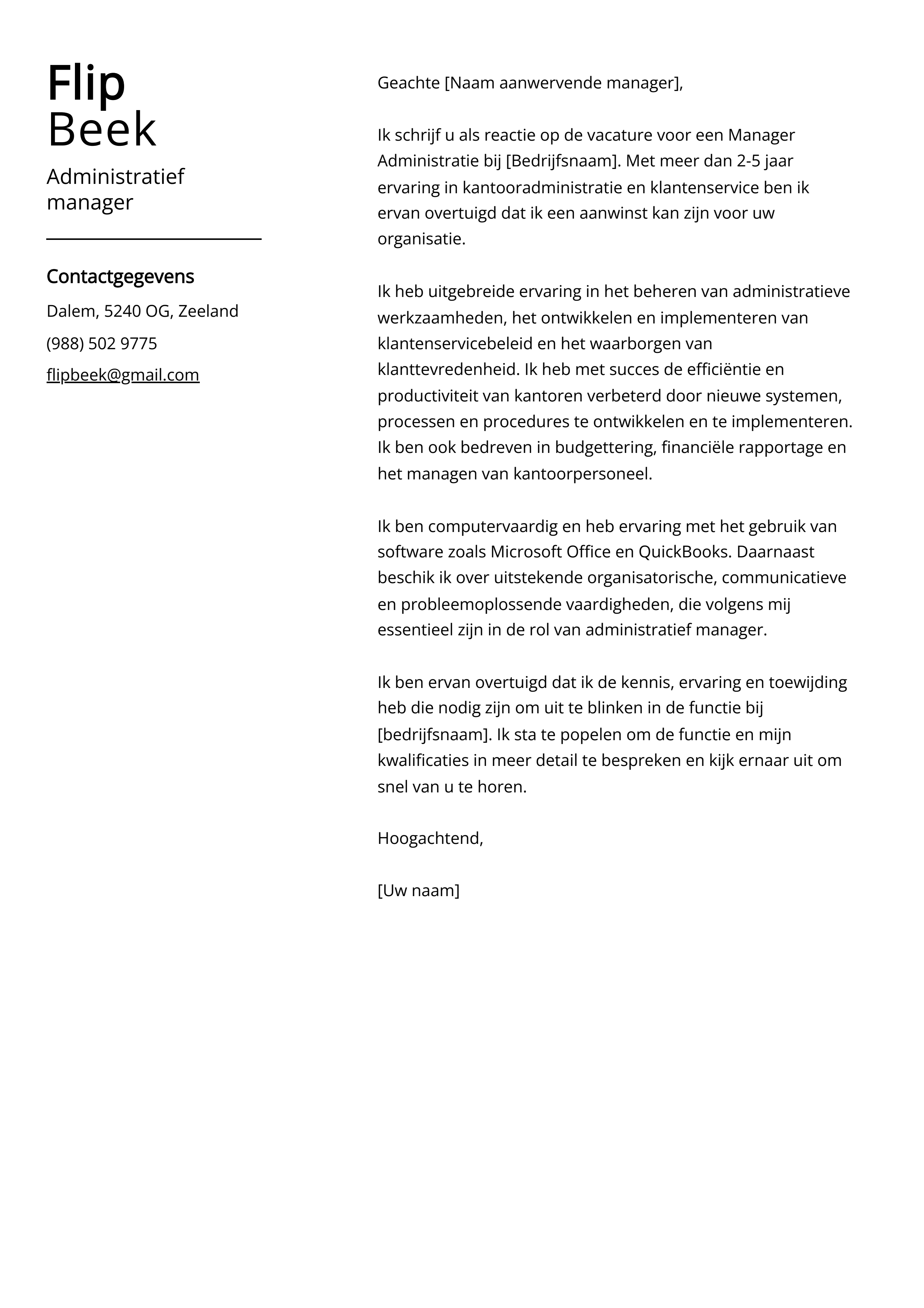 Administratief manager Sollicitatiebrief Voorbeeld