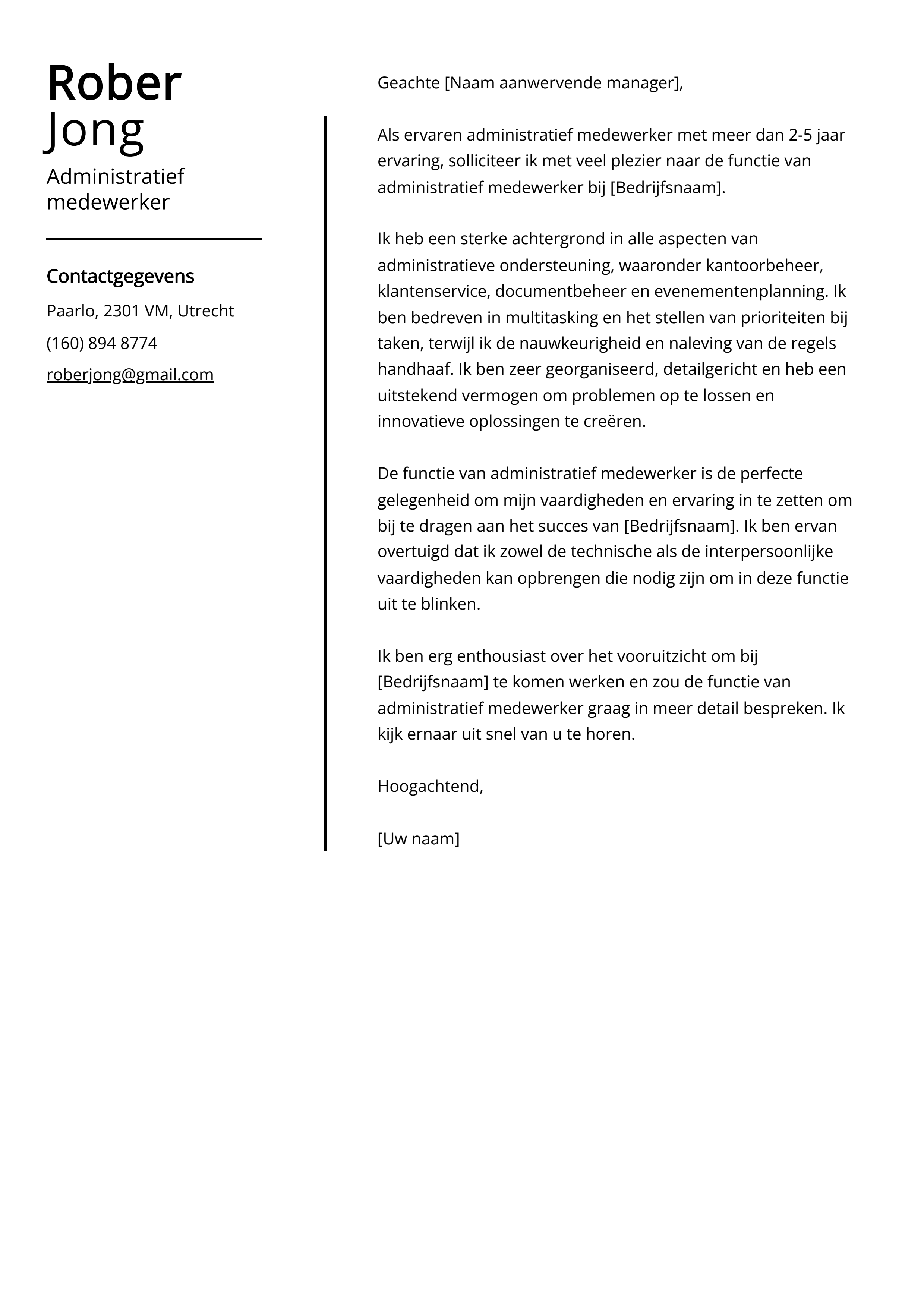 Administratief medewerker Cover Letter Voorbeeld