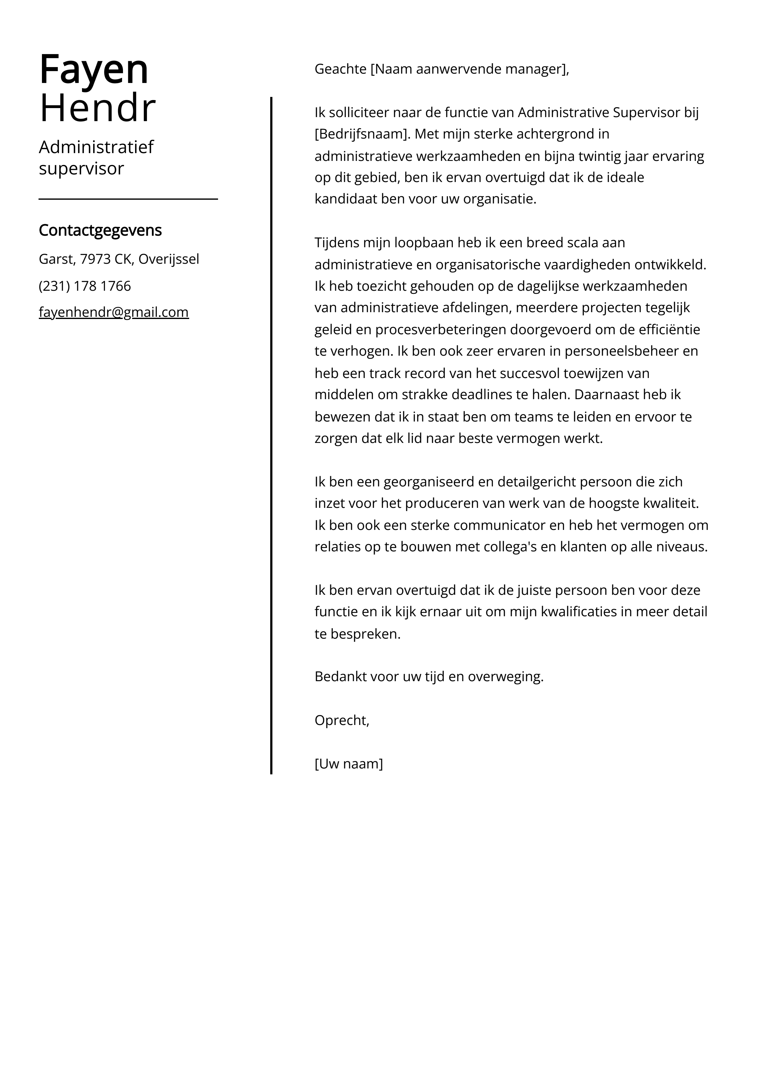 Administratief supervisor Cover Letter Voorbeeld