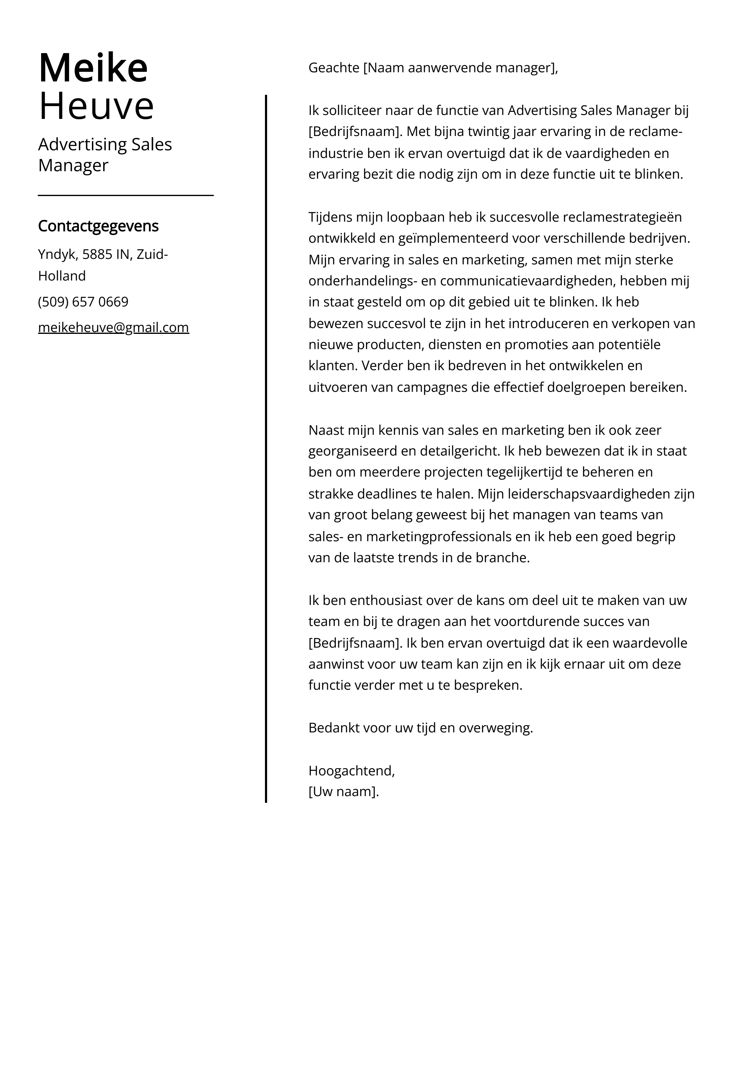 Advertising Sales Manager Voorbeeld sollicitatiebrief