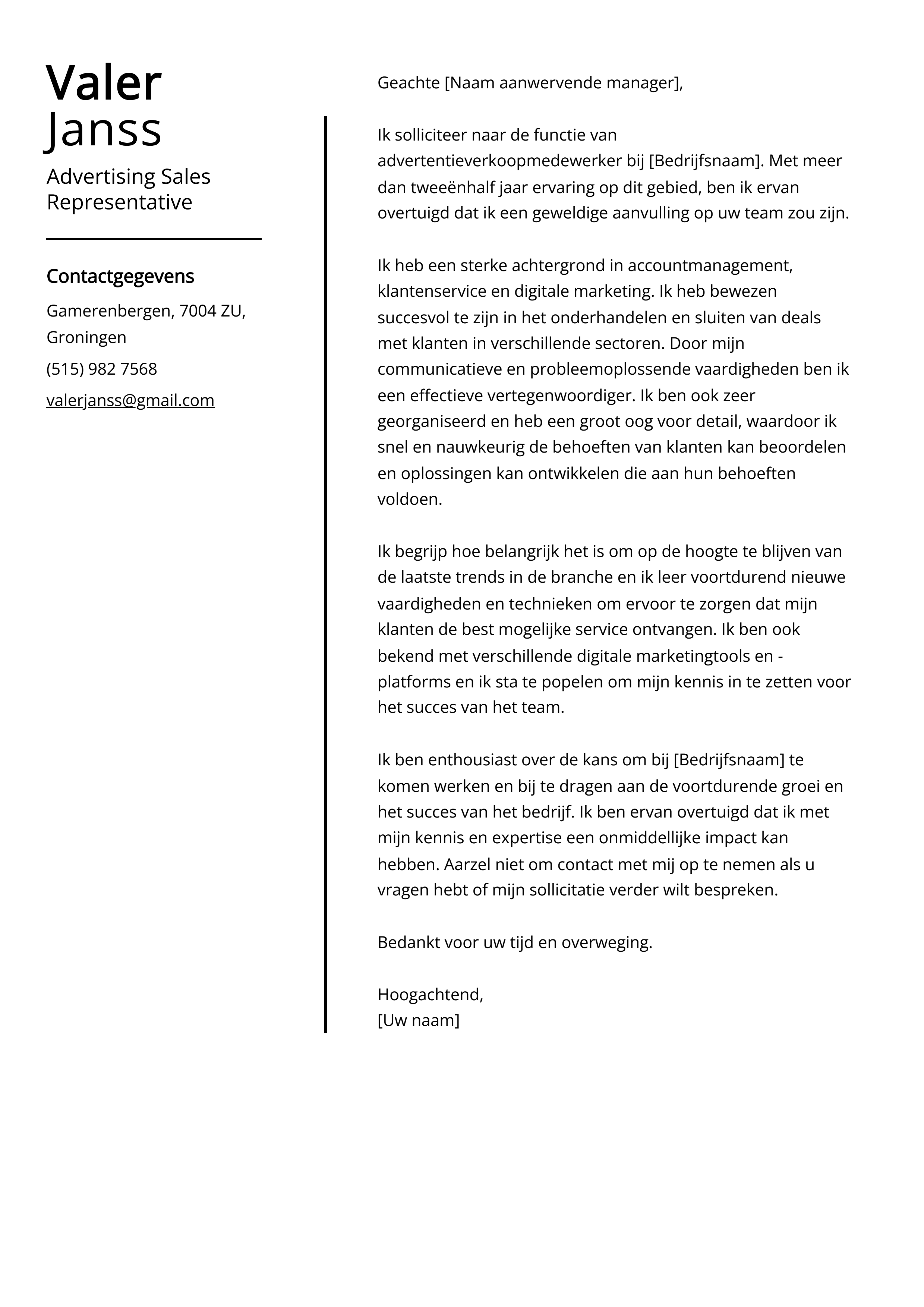 Advertising Sales Representative Voorbeeld sollicitatiebrief