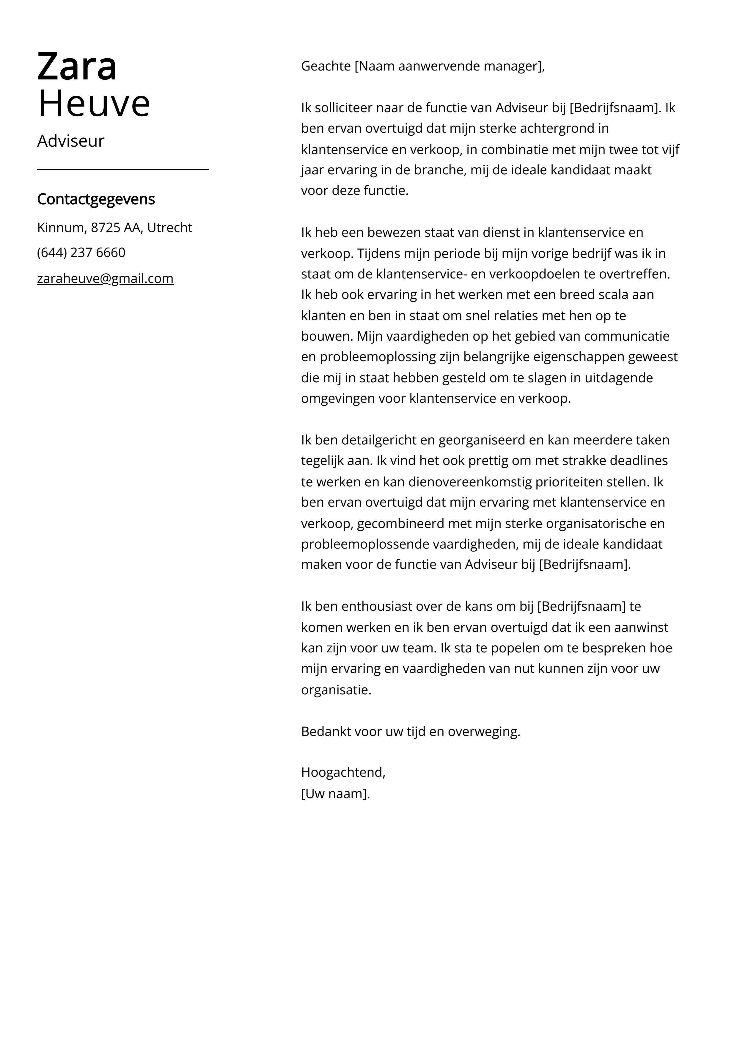 Adviseur sollicitatiebrief voorbeeld