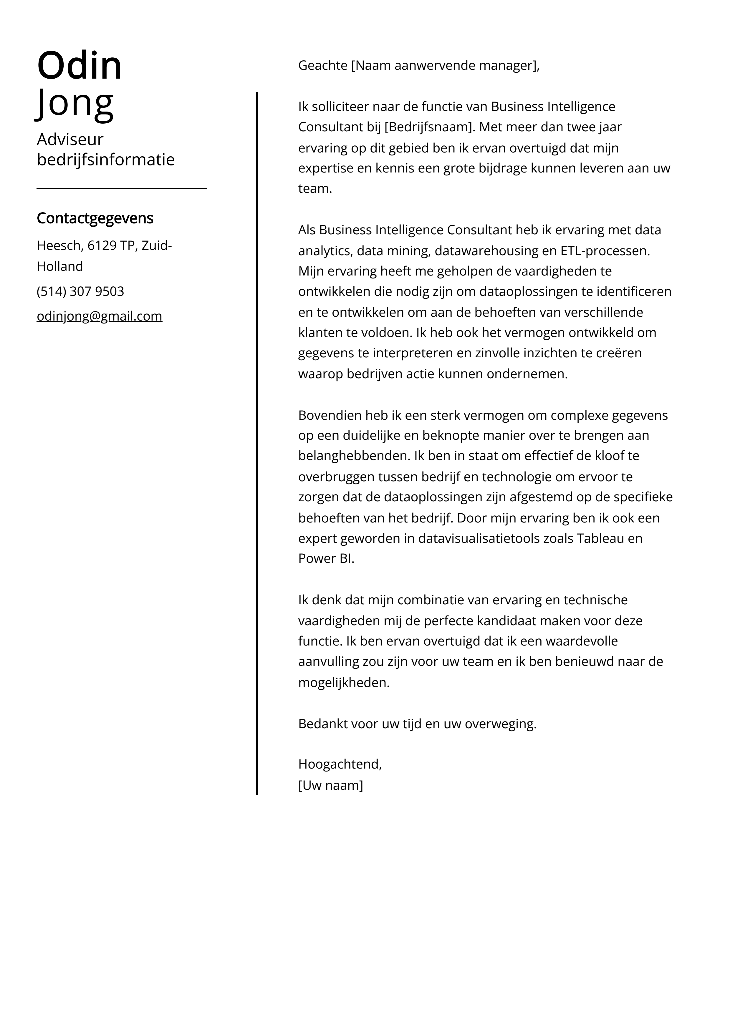 Adviseur bedrijfsinformatie Voorbeeld Cover Letter