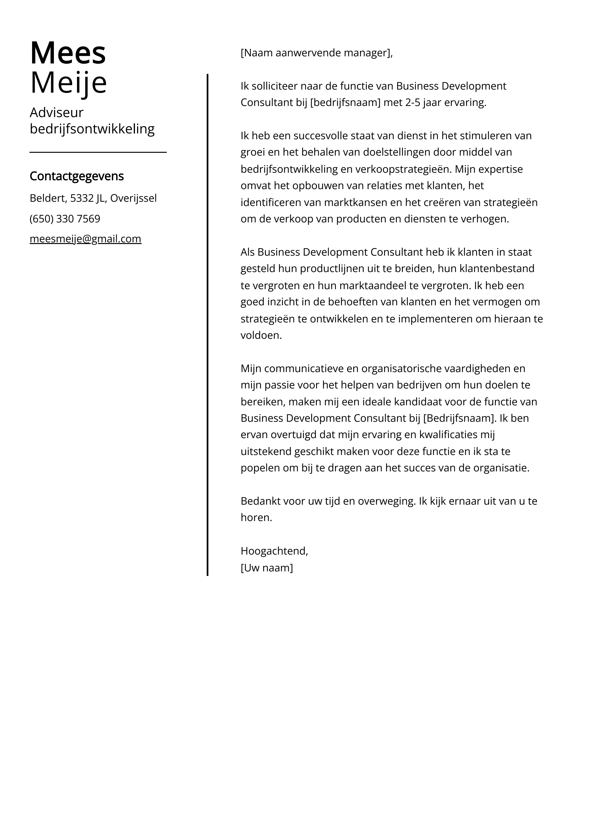 Adviseur bedrijfsontwikkeling Cover Letter Voorbeeld