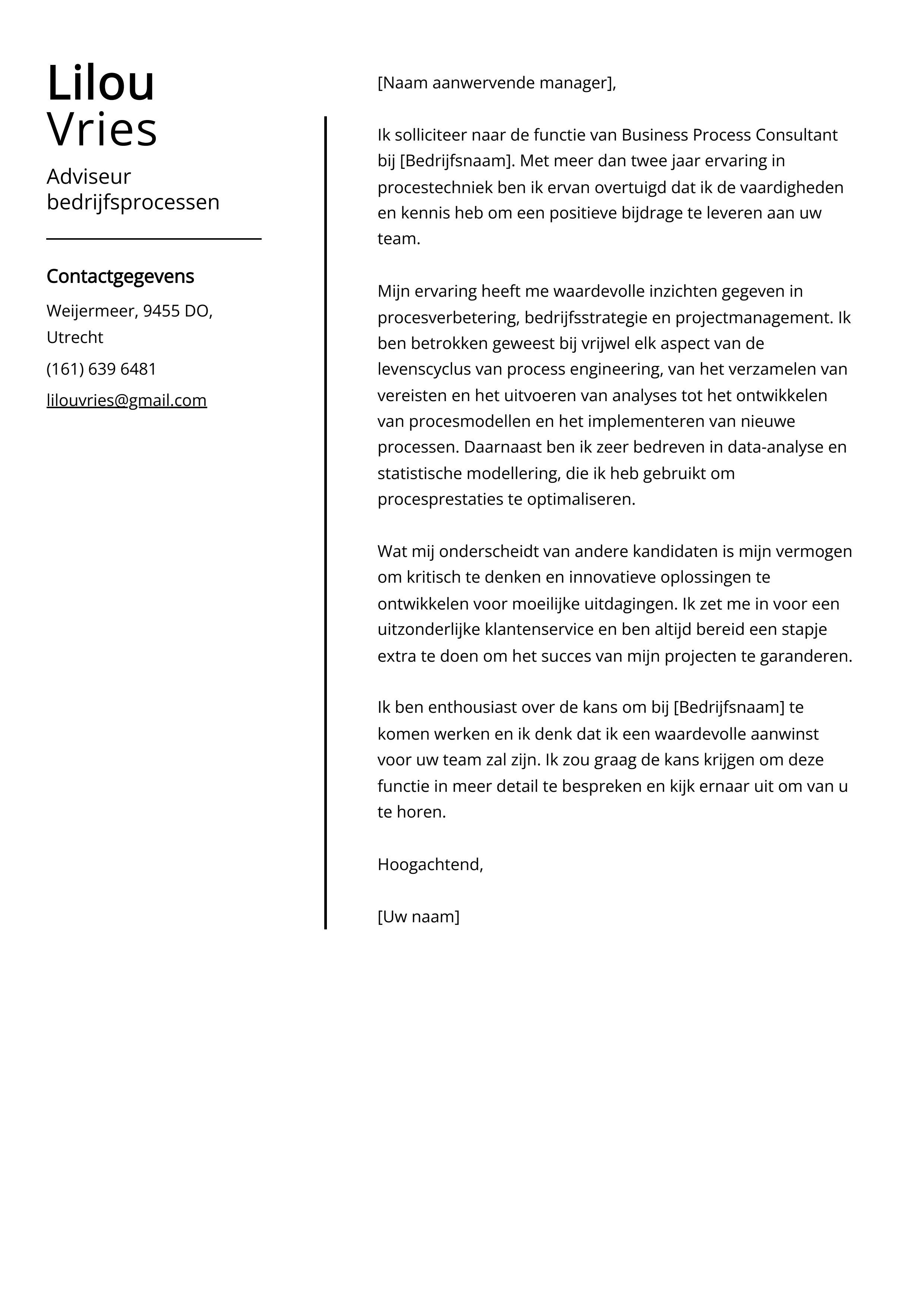 Adviseur bedrijfsprocessen Cover Letter Voorbeeld