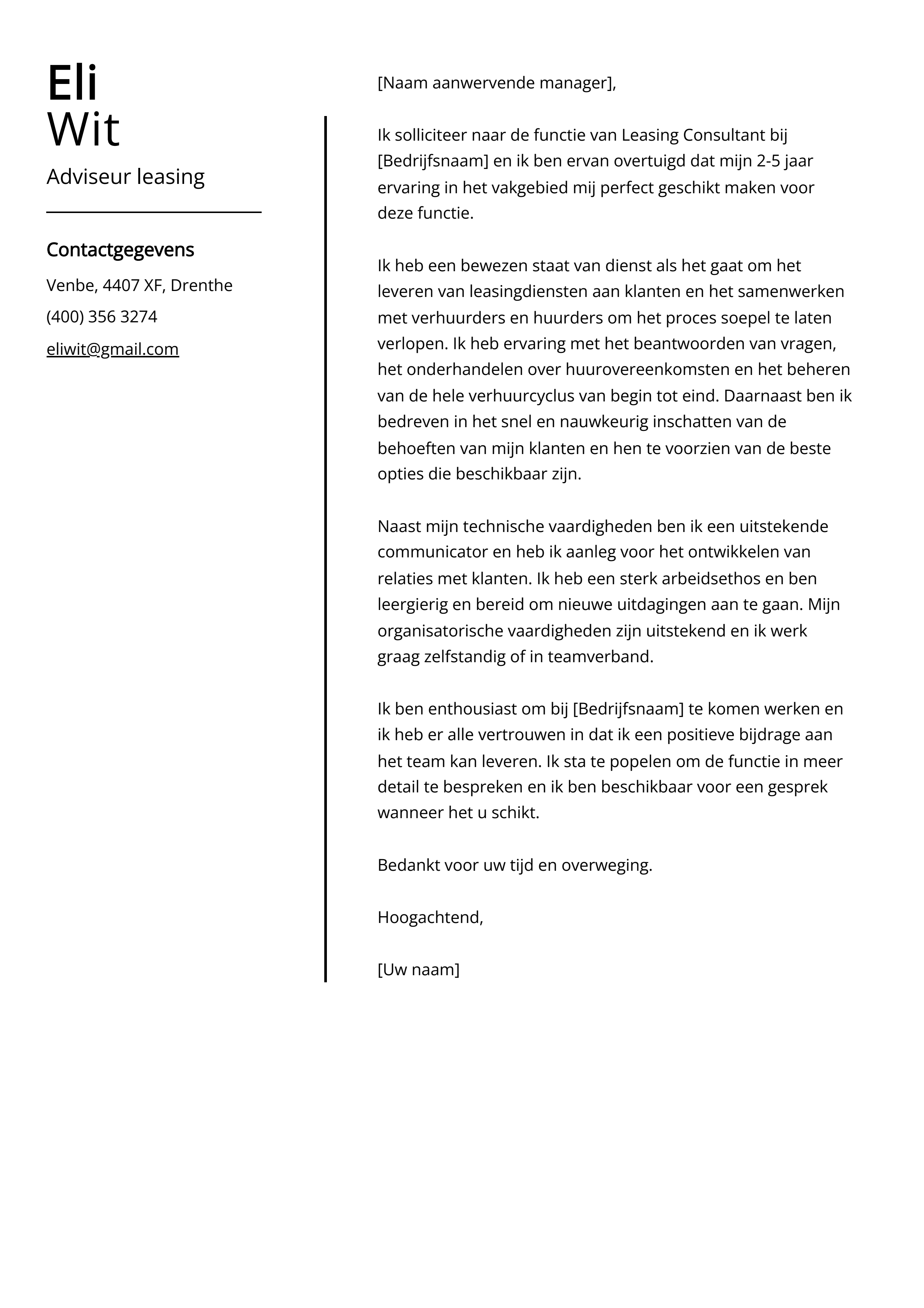 Adviseur lease sollicitatiebrief voorbeeld