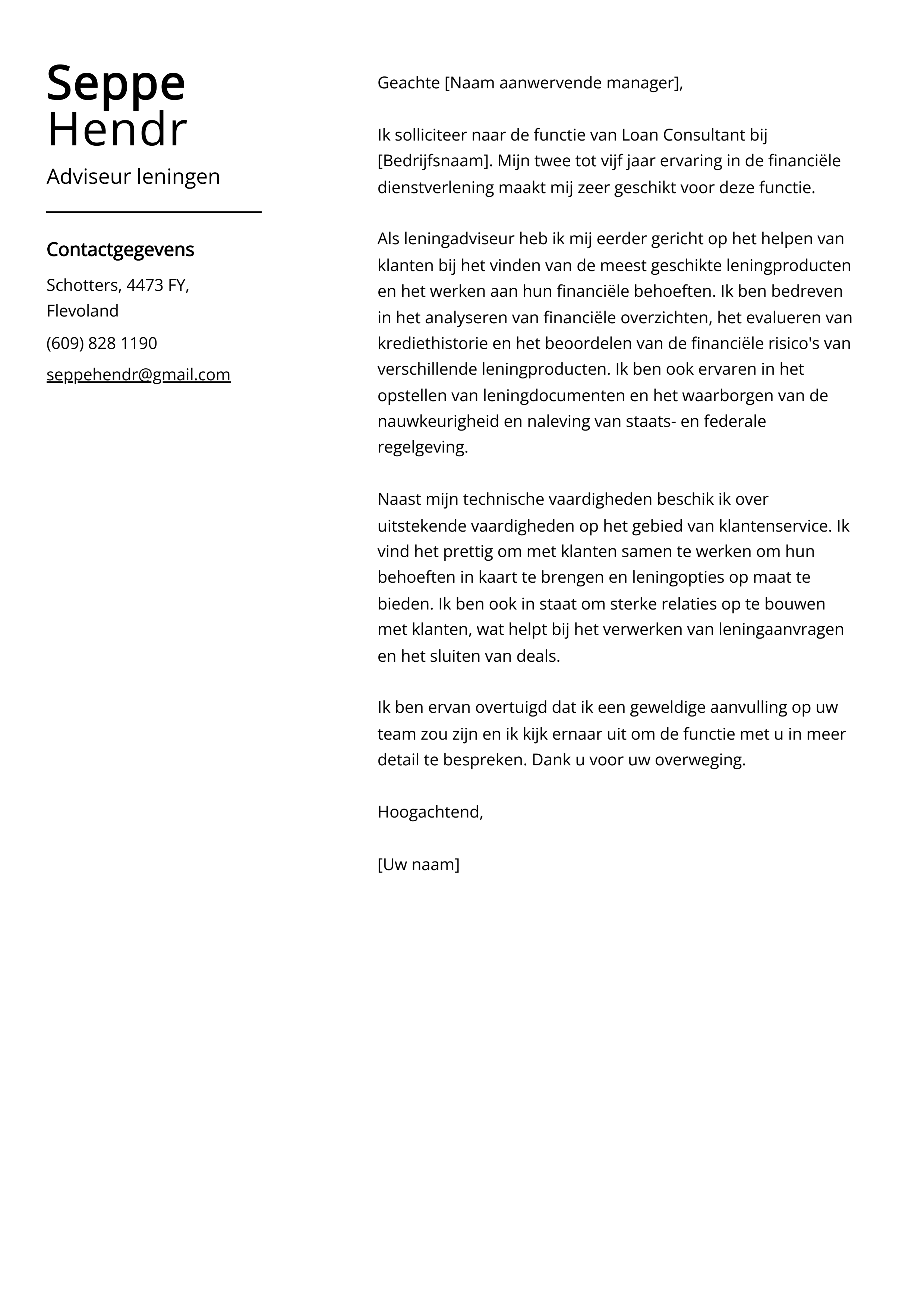 Adviseur leningen Cover Letter Voorbeeld