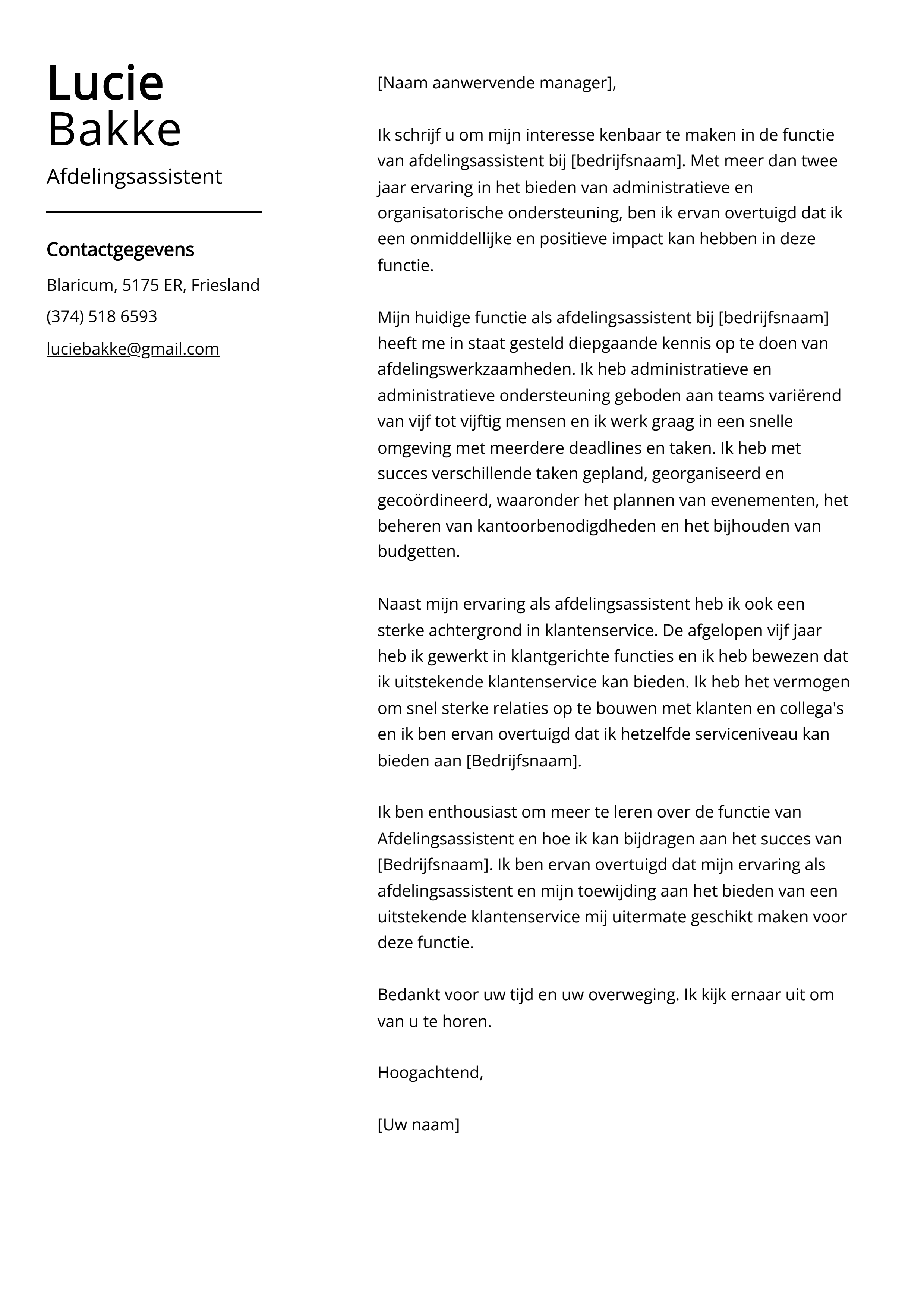 Afdelingsassistent Begeleidend schrijven Voorbeeld