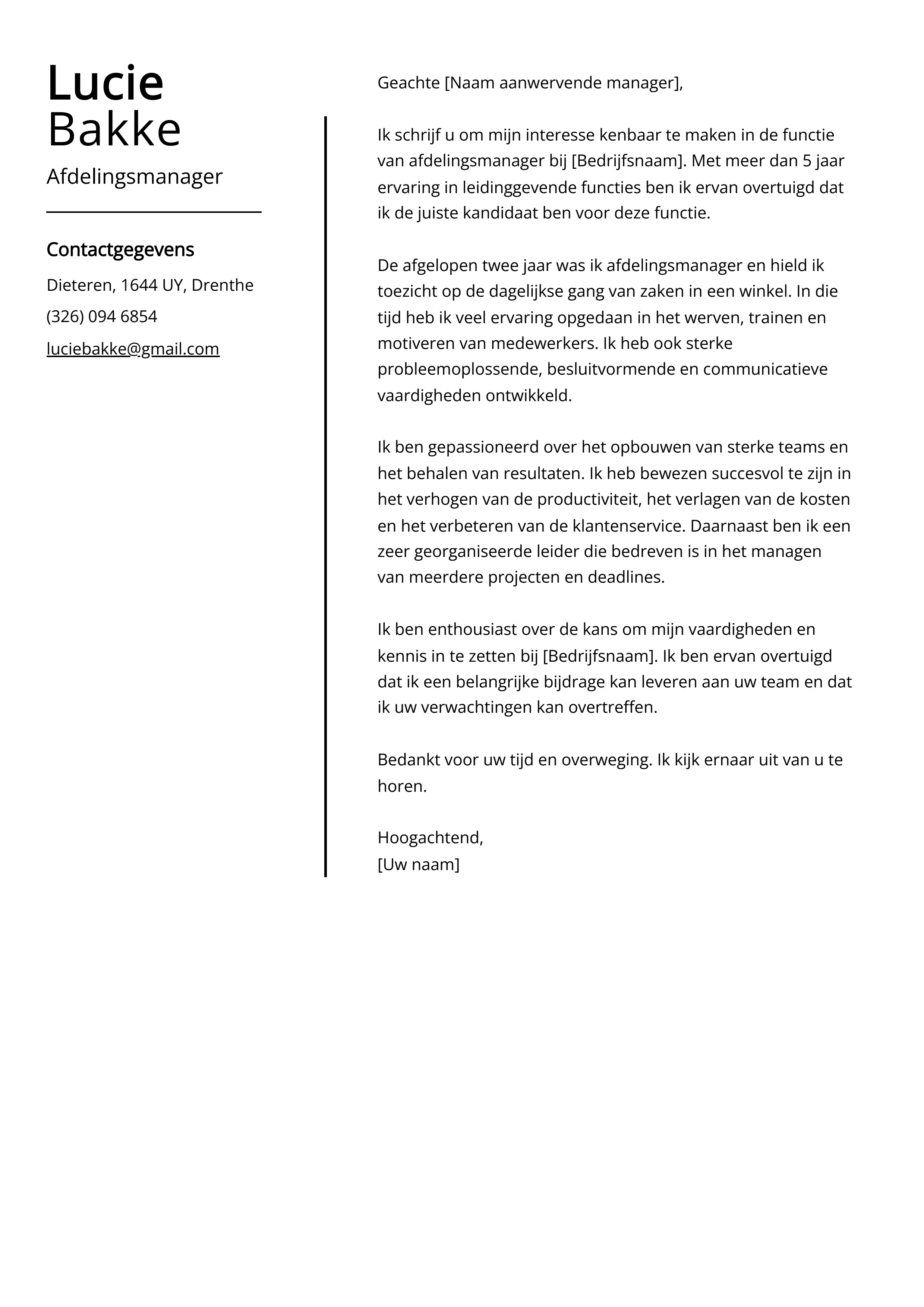 Afdelingsmanager Sollicitatiebrief Voorbeeld