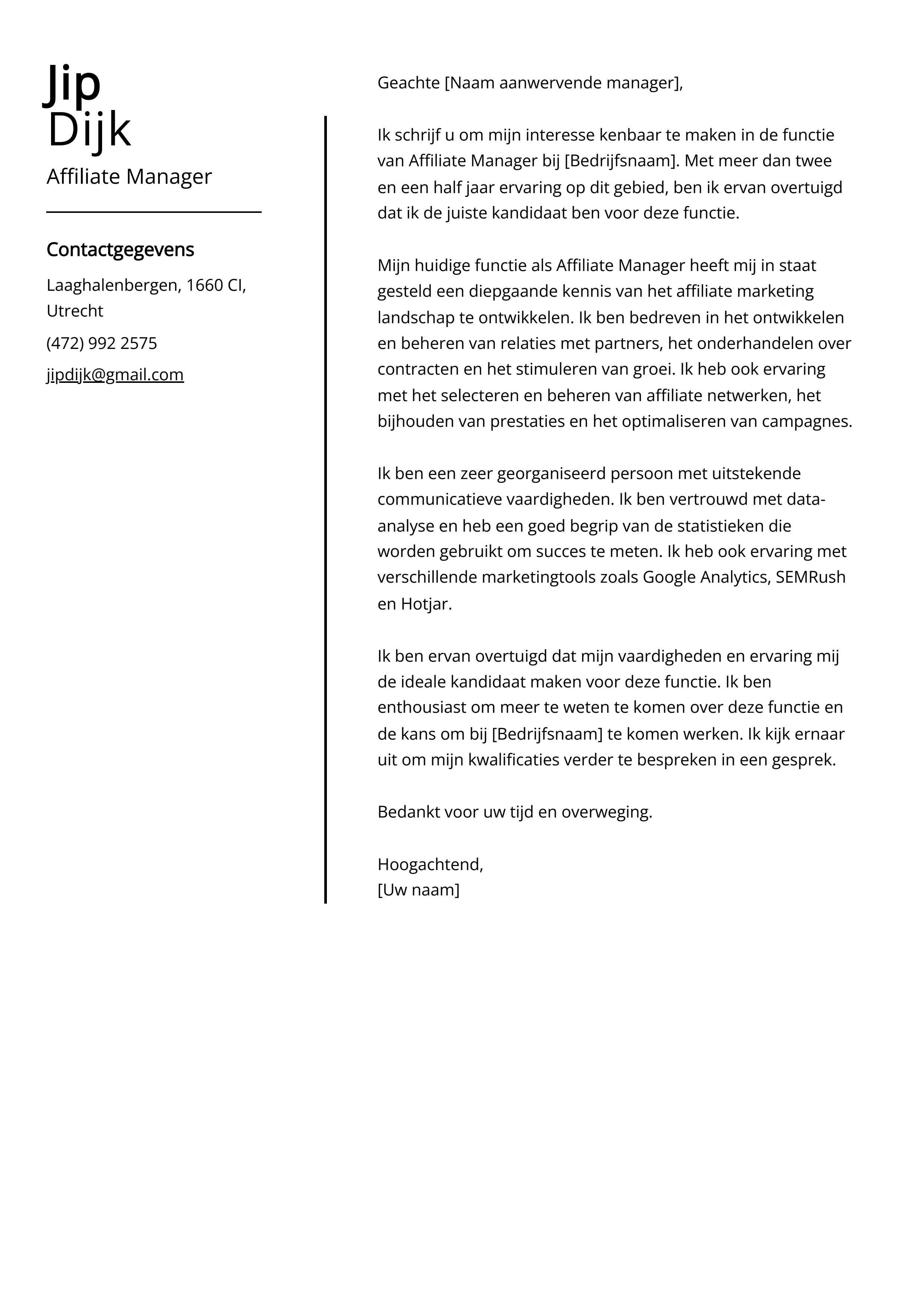 Affiliate Manager Voorbeeld sollicitatiebrief