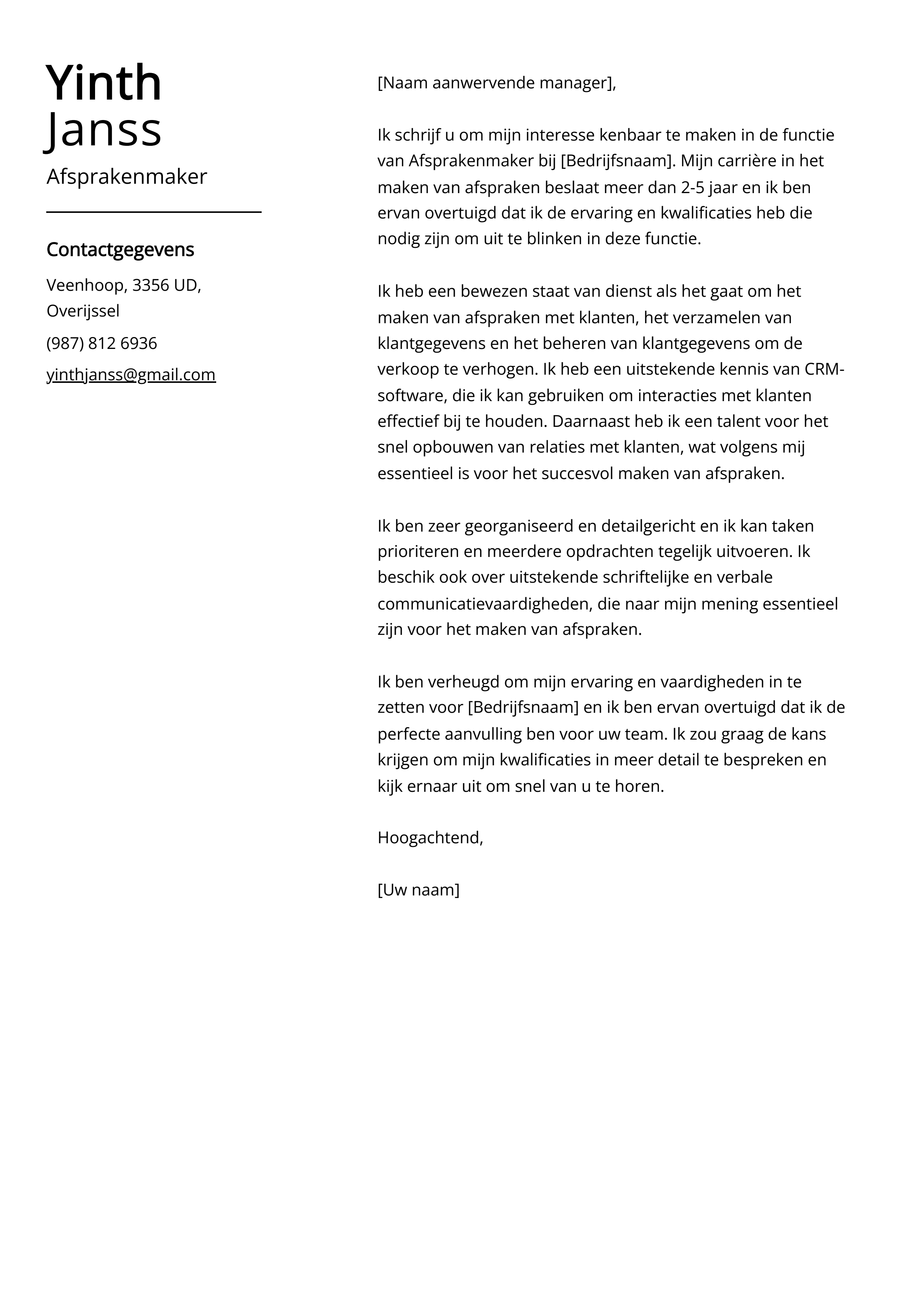 Afsprakenmaker Sollicitatiebrief Voorbeeld