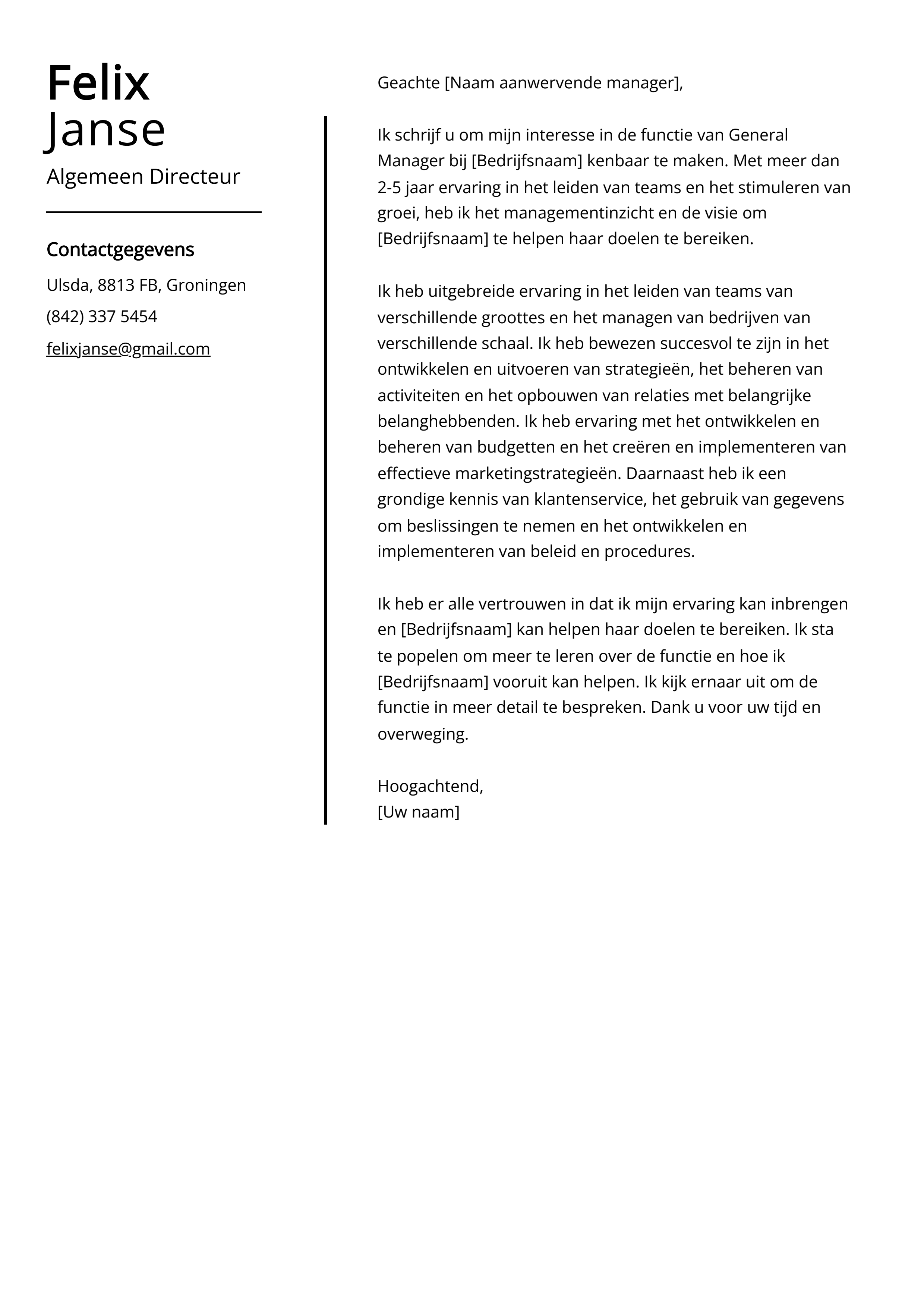 Algemeen Directeur Sollicitatiebrief Voorbeeld