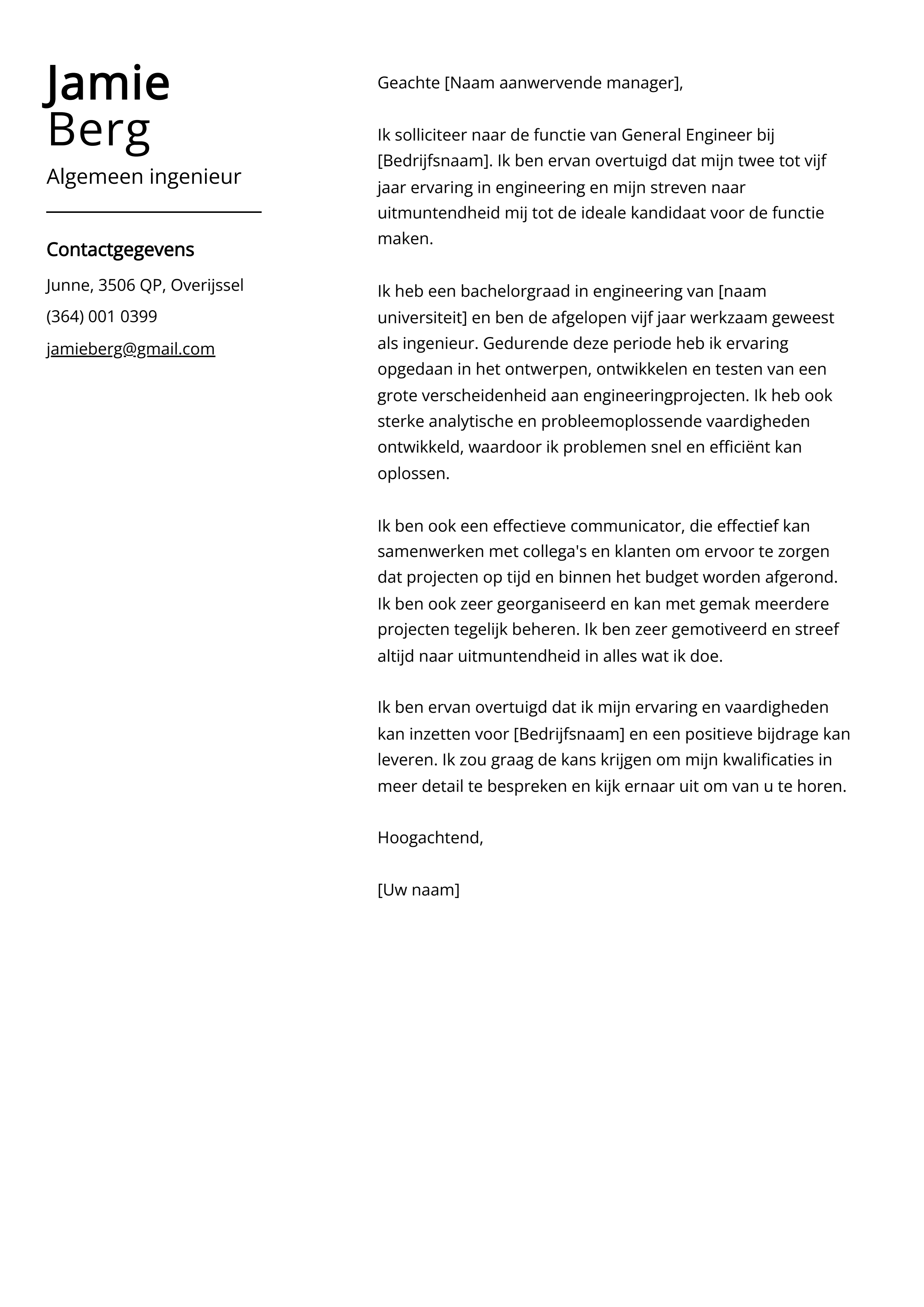 Algemeen ingenieur sollicitatiebrief voorbeeld