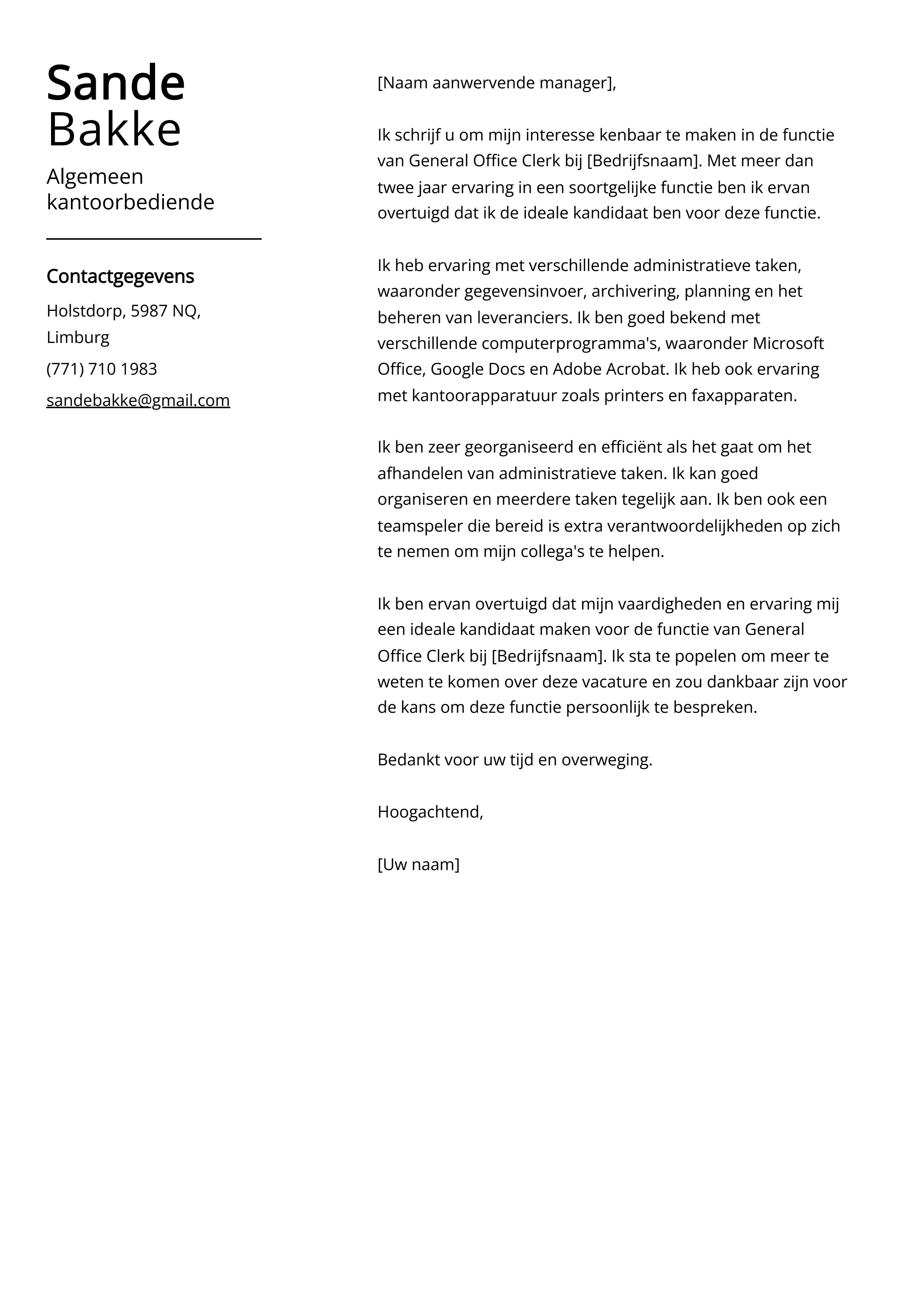 Algemeen kantoorbediende sollicitatiebrief voorbeeld