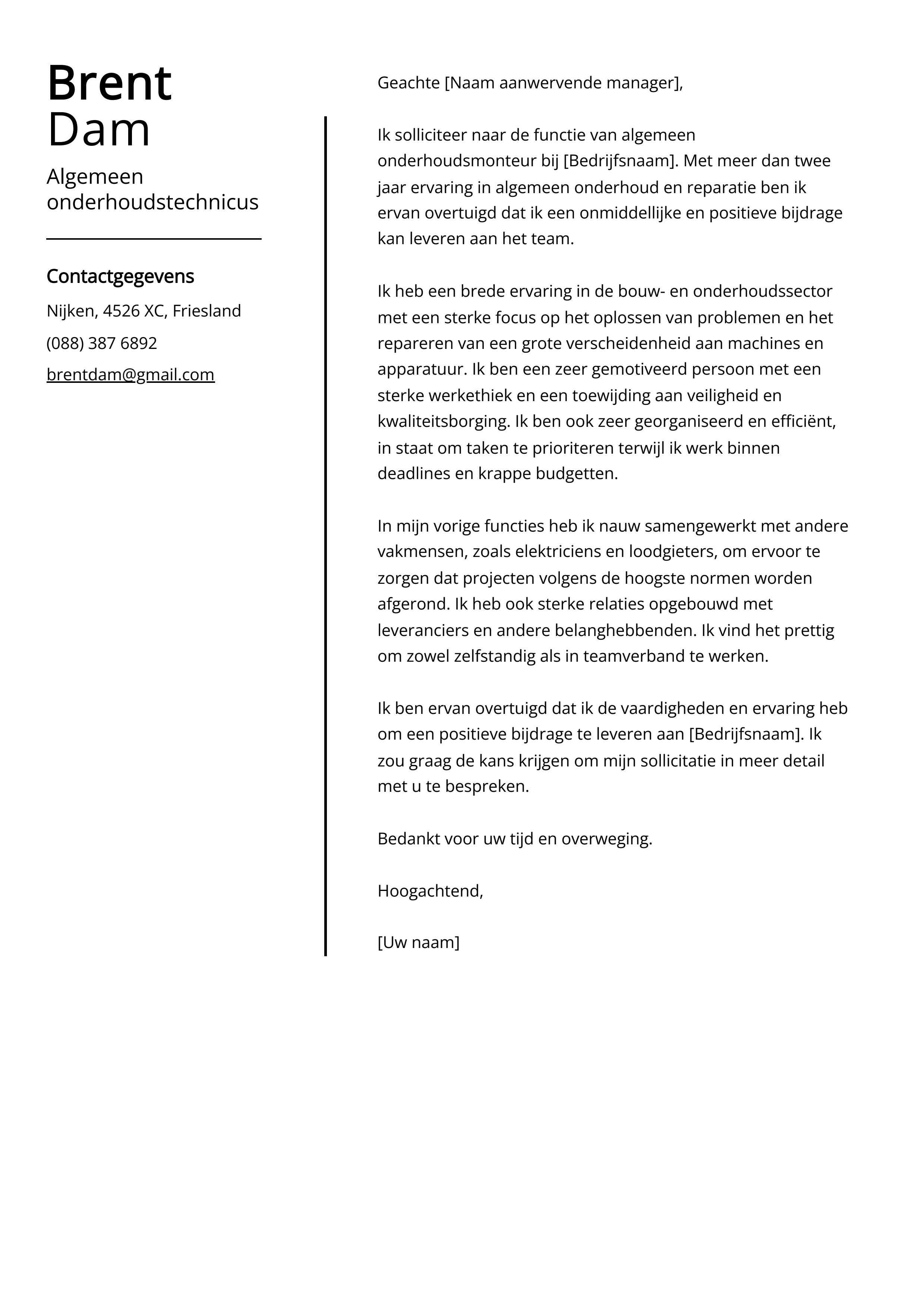 Algemeen onderhoudstechnicus Voorbeeld sollicitatiebrief