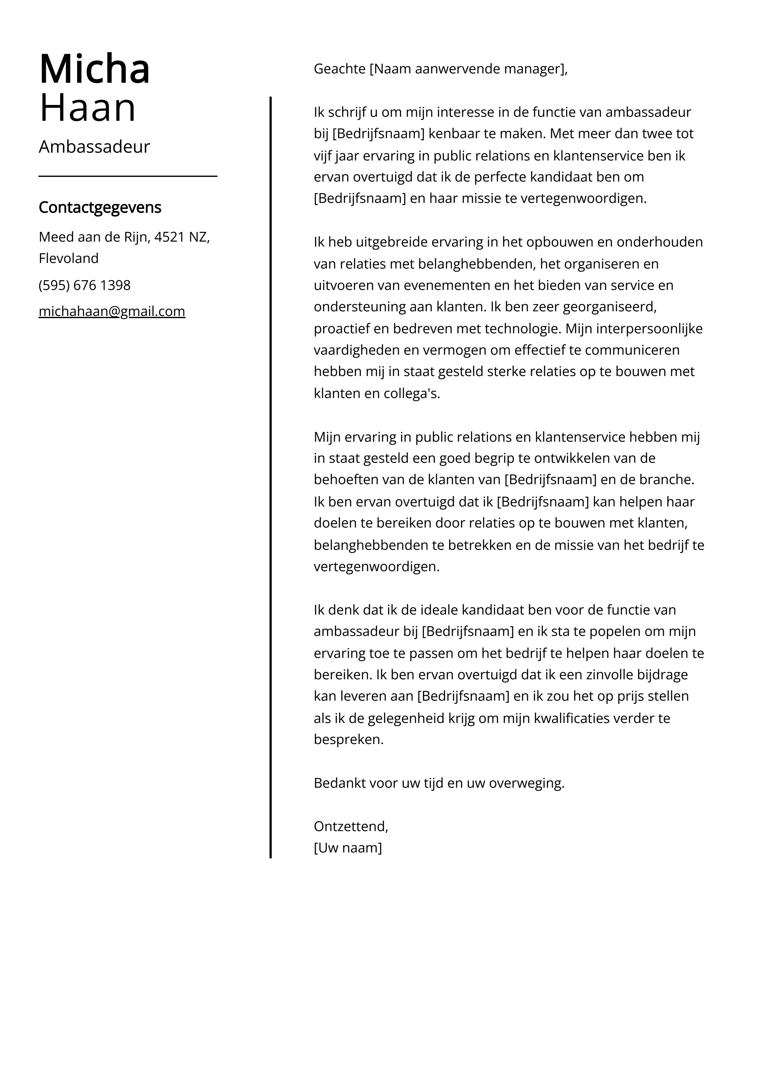 Voorbeeld van een ambassadeur sollicitatiebrief