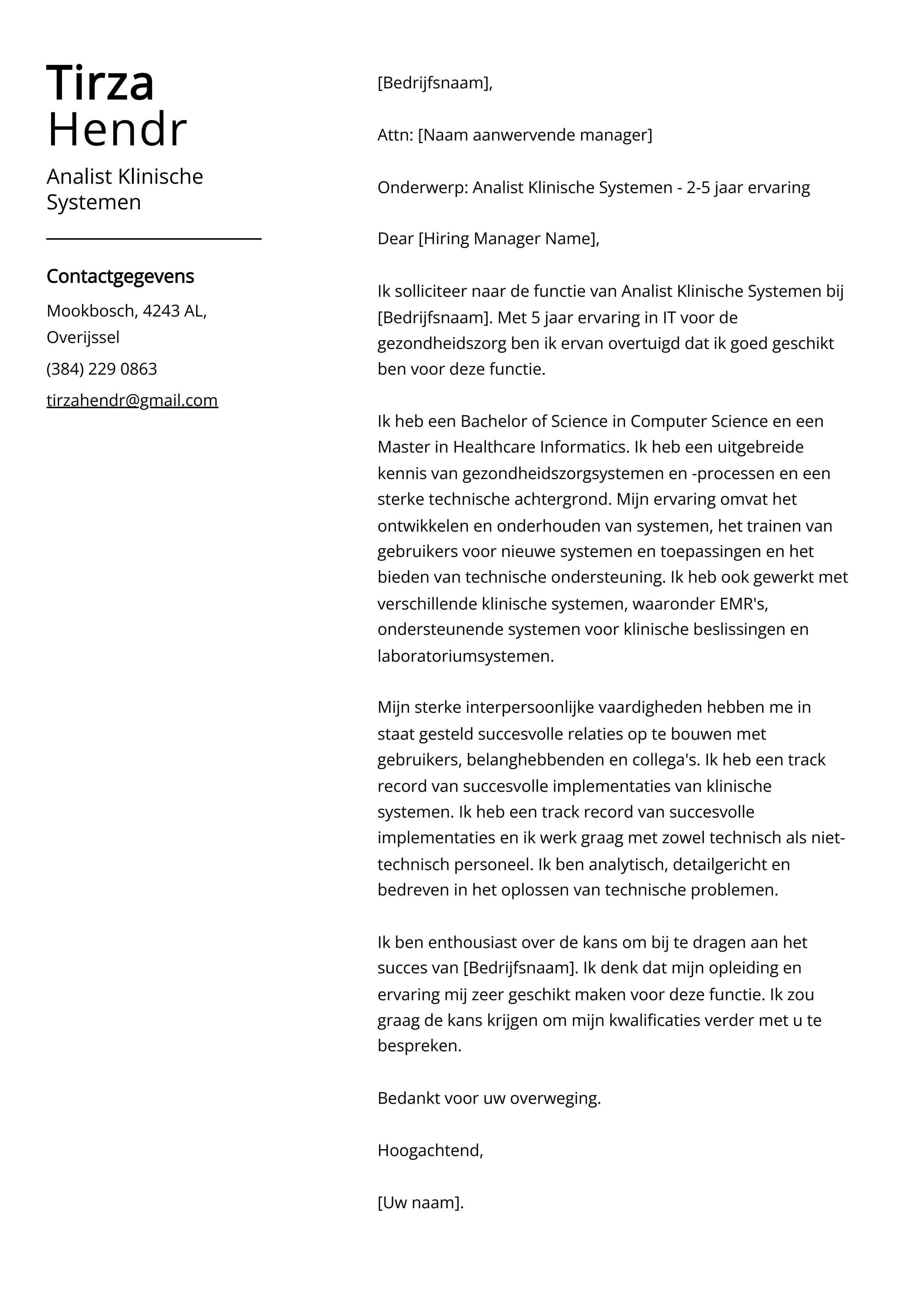 Analist Klinische Systemen Voorbeeld sollicitatiebrief