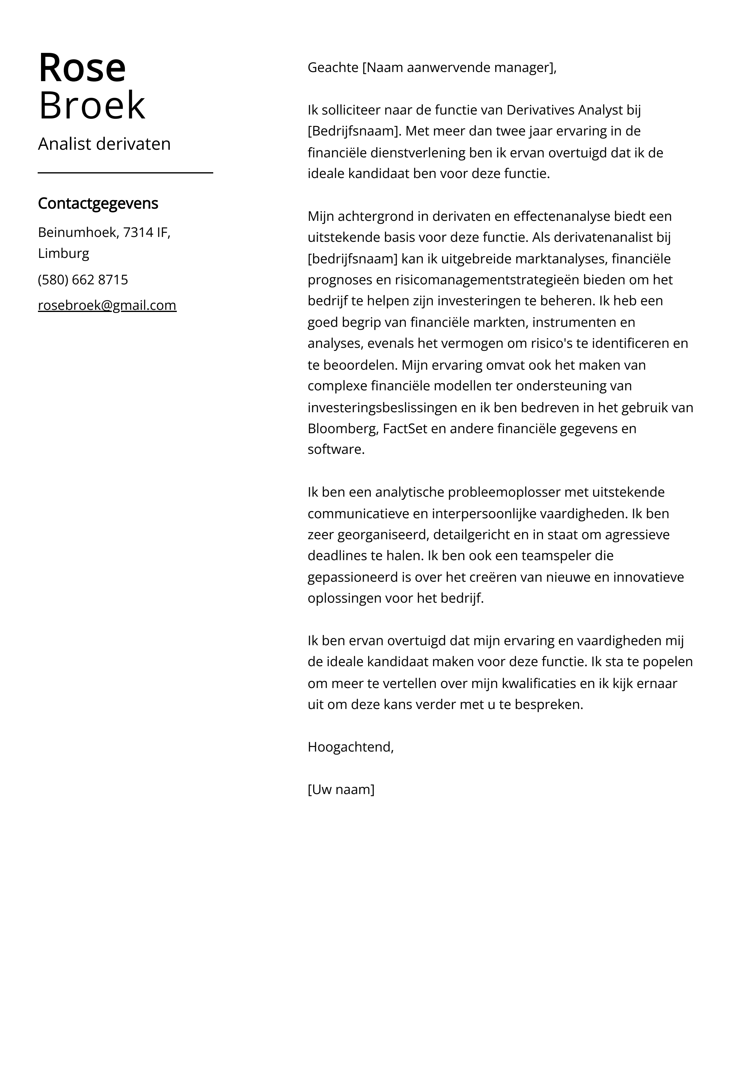 Analist derivaten Cover Letter Voorbeeld