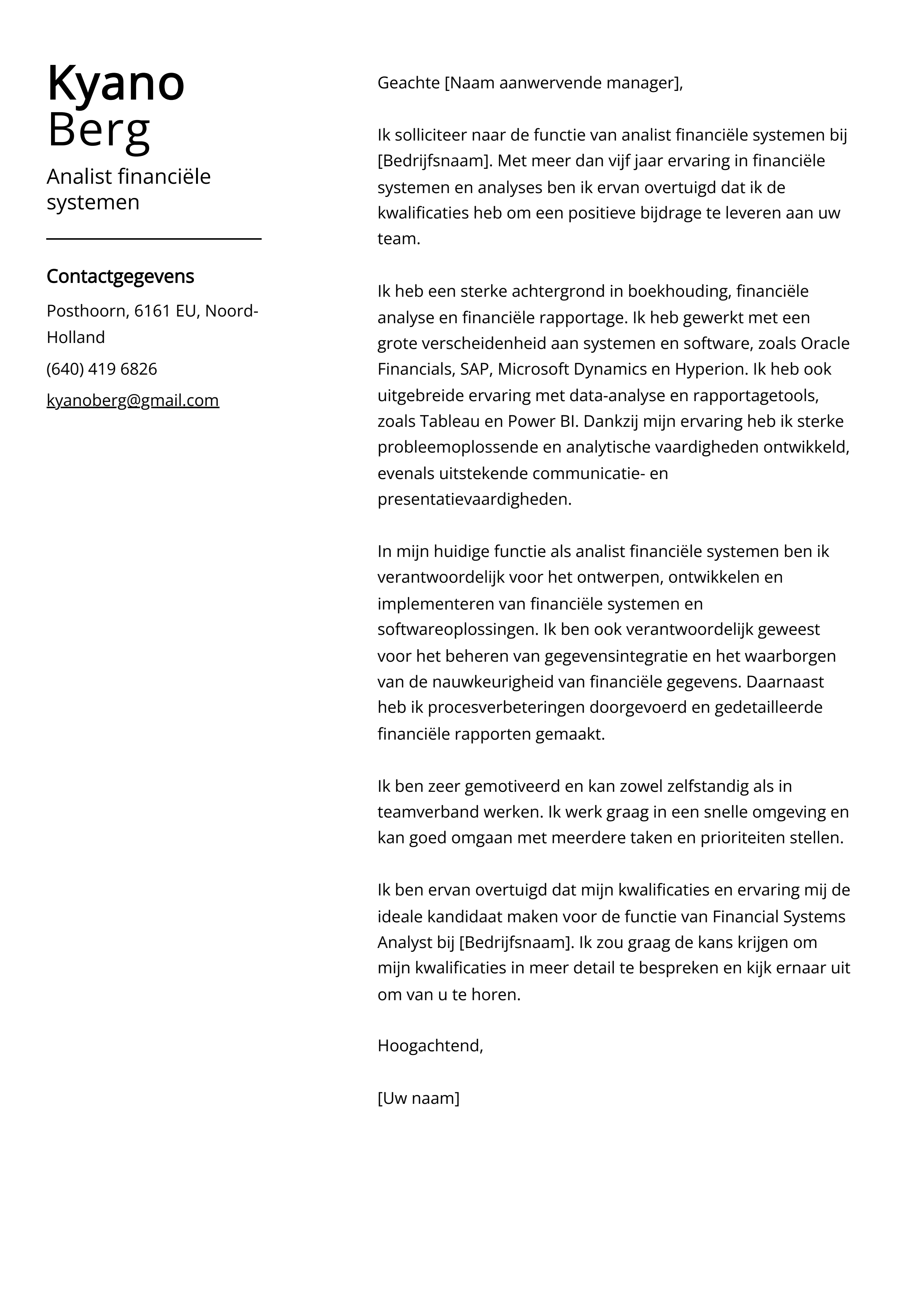 Analist financiële systemen Cover Letter Voorbeeld