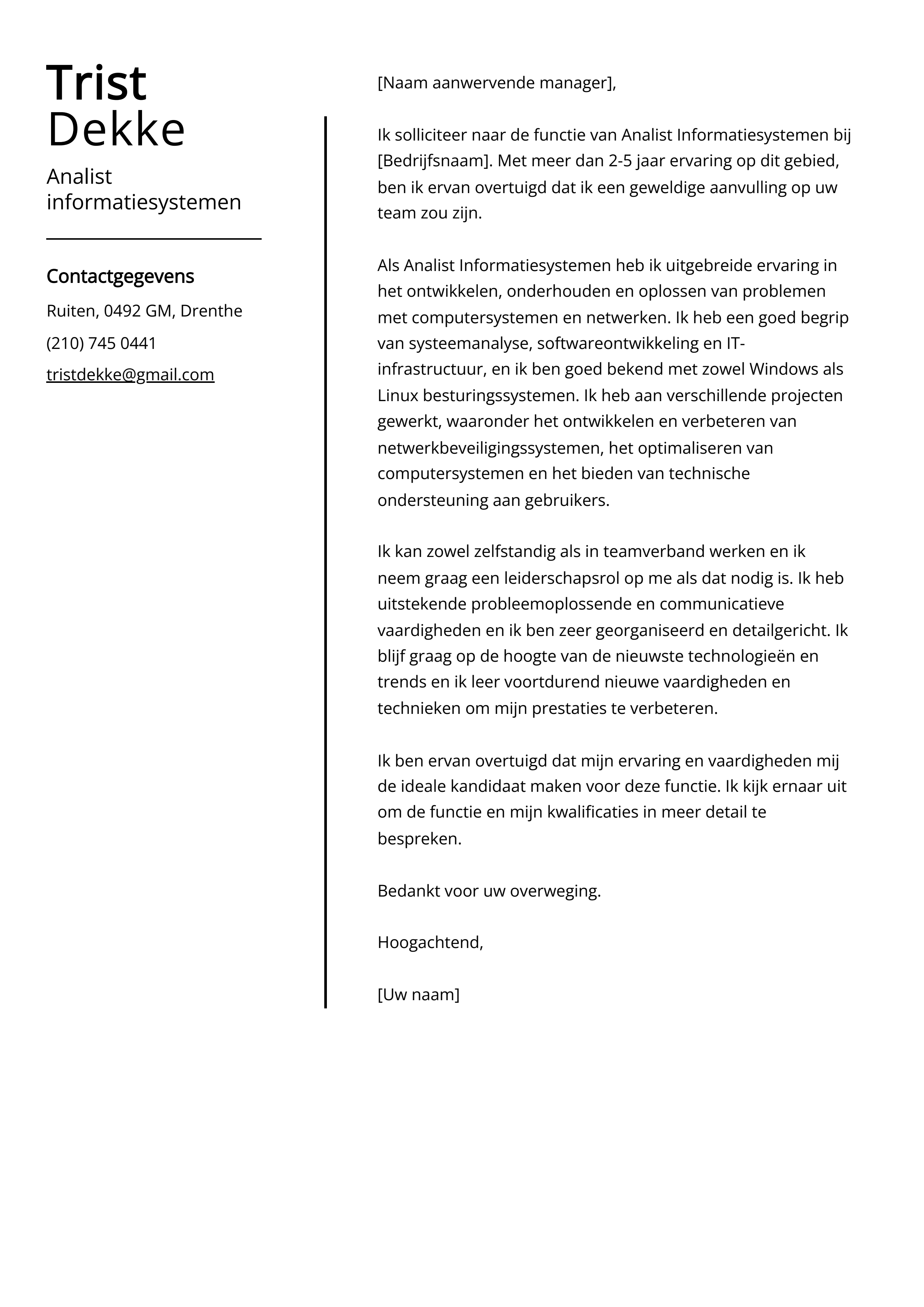 Analist informatiesystemen Voorbeeld sollicitatiebrief