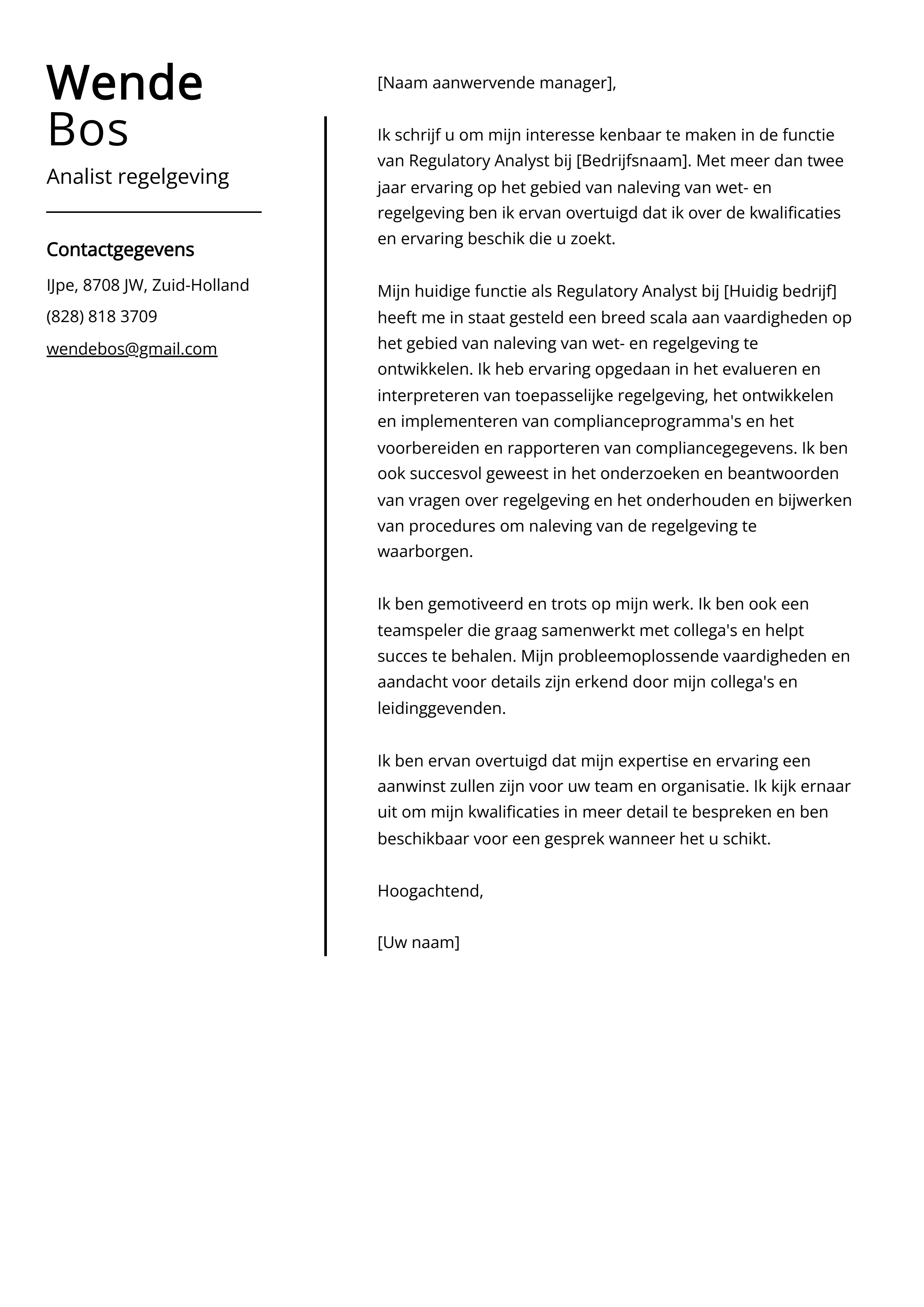 Analist regelgeving Cover Letter Voorbeeld