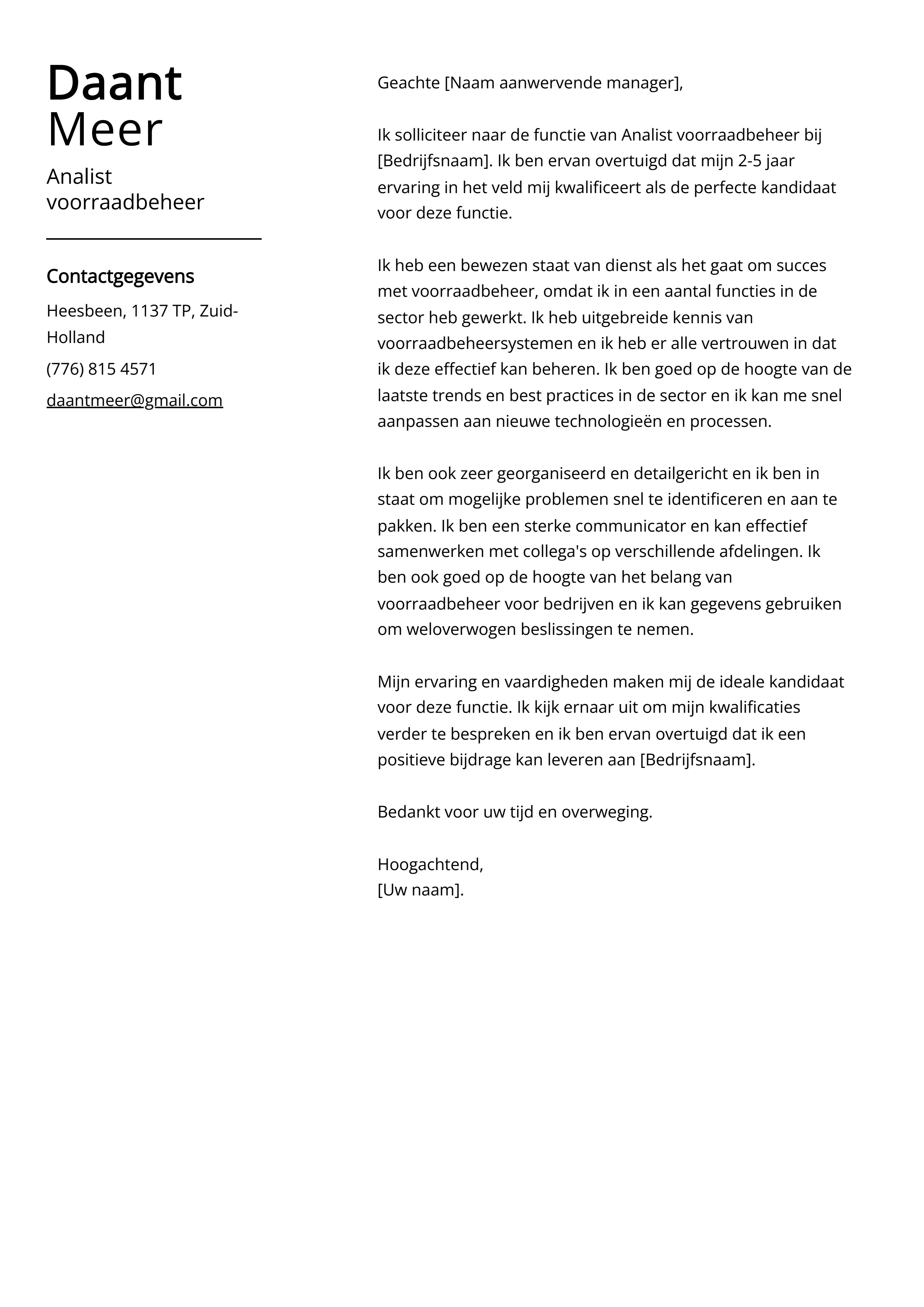 Analist voorraadbeheer Cover Letter Voorbeeld