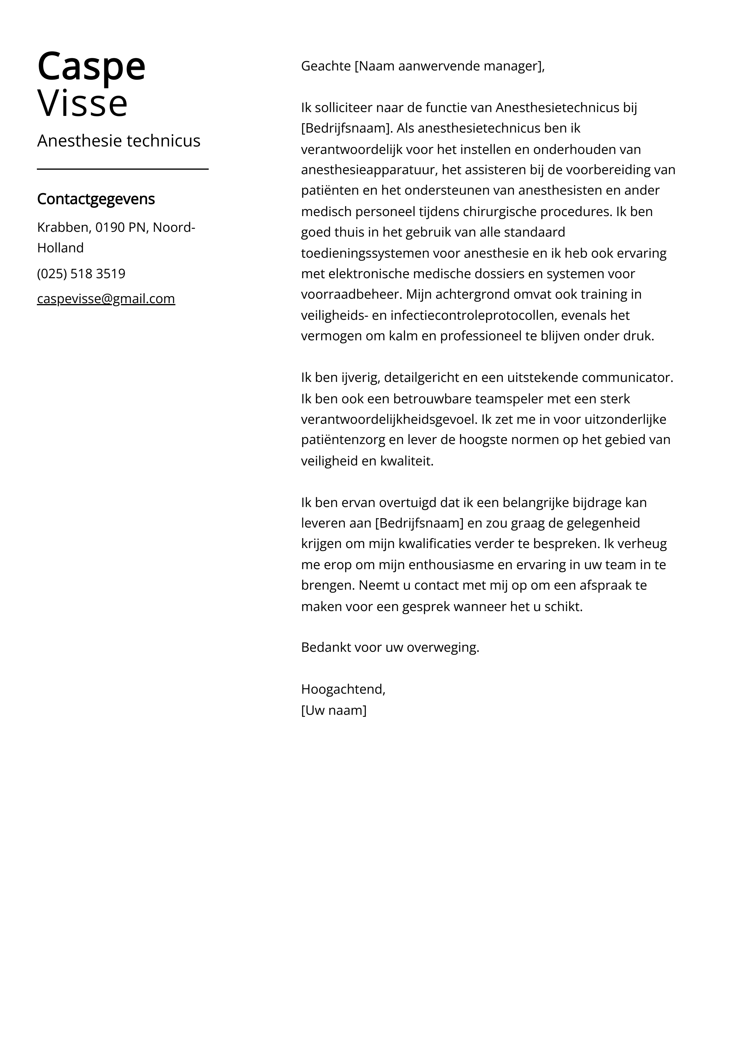 Anesthesie technicus Voorbeeld sollicitatiebrief