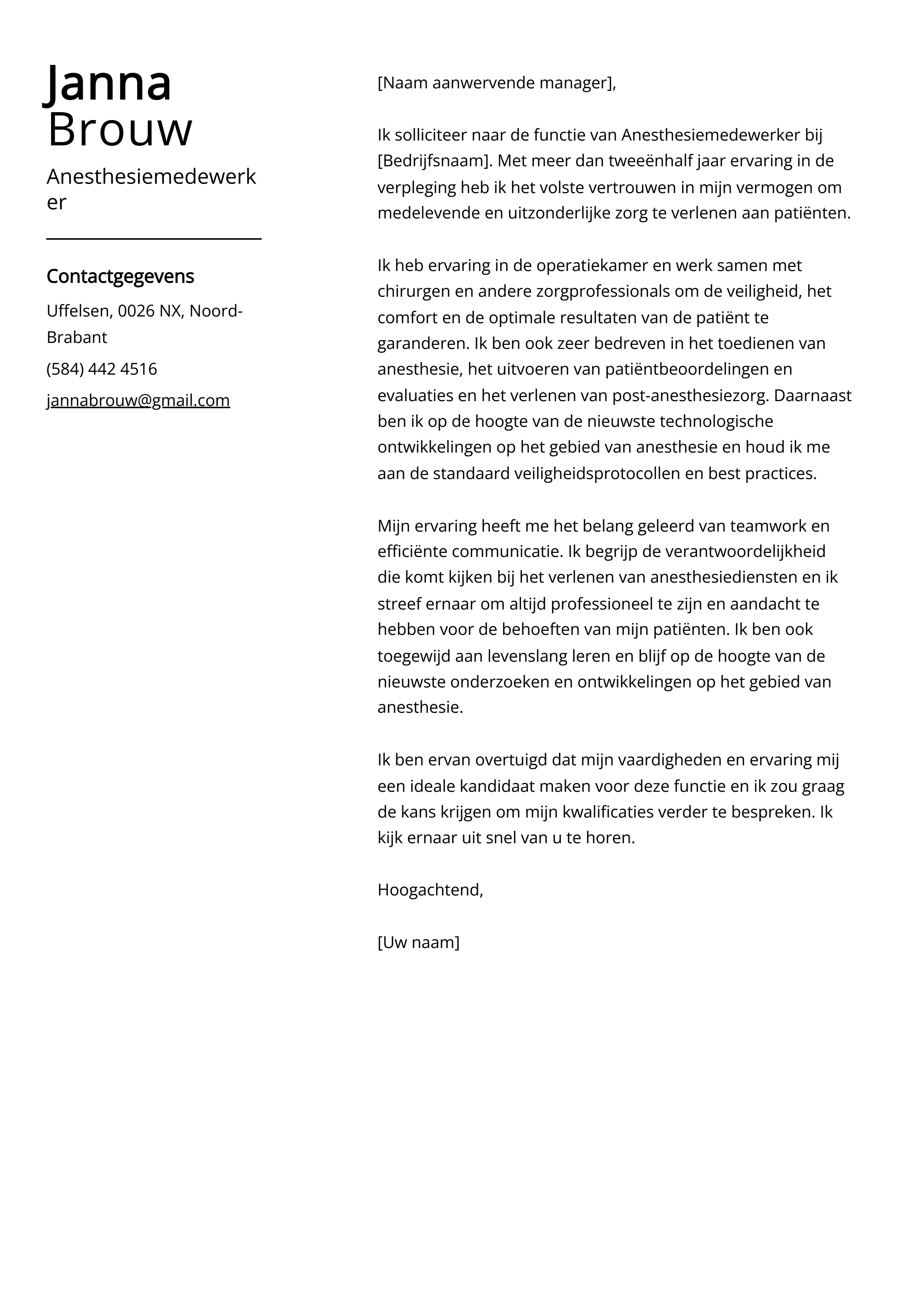 Anesthesiemedewerker Sollicitatiebrief Voorbeeld