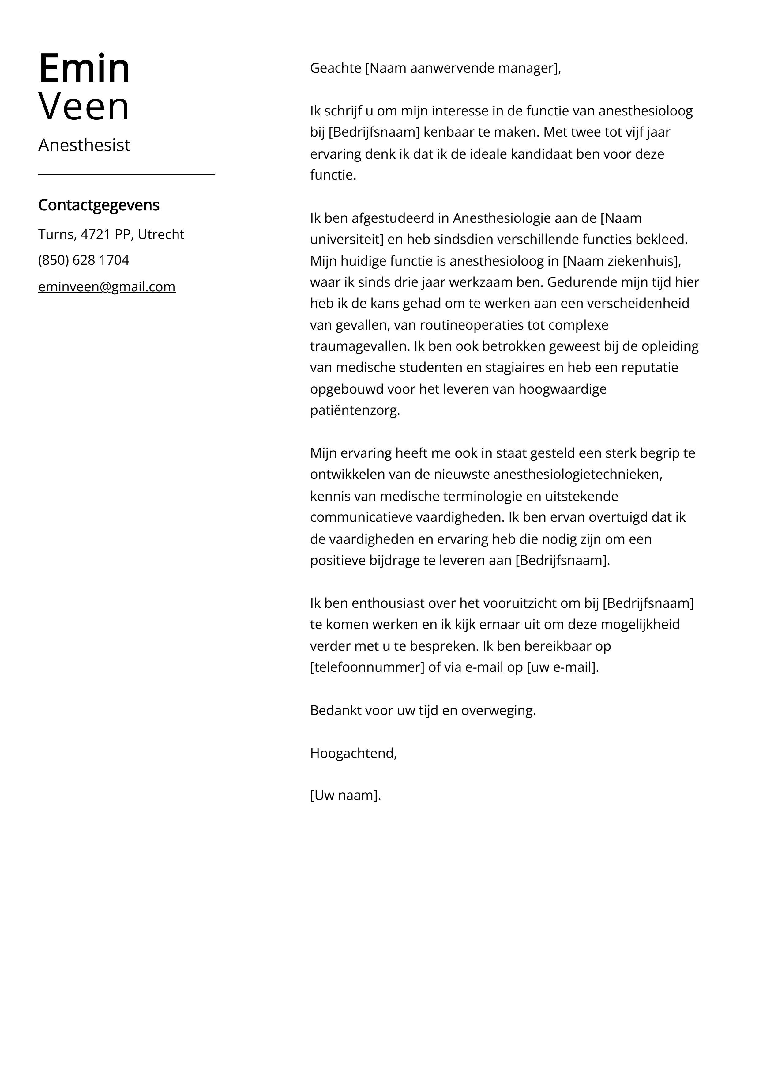 Anesthesist Begeleidend schrijven Voorbeeld