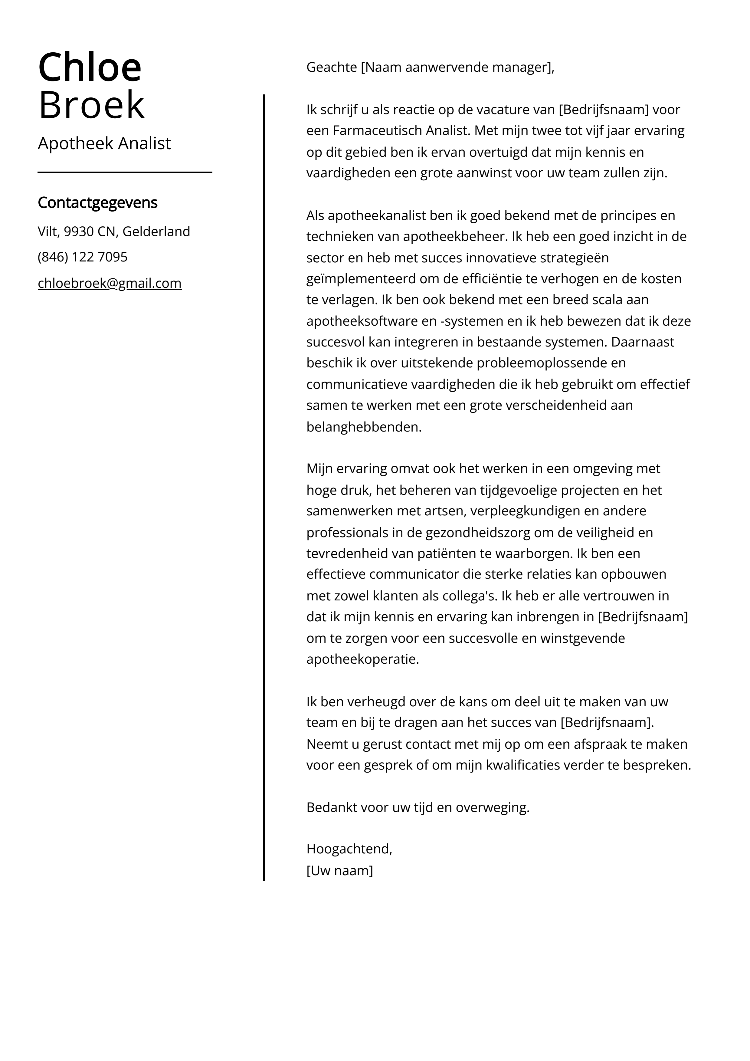 Apotheek Analist Sollicitatiebrief Voorbeeld