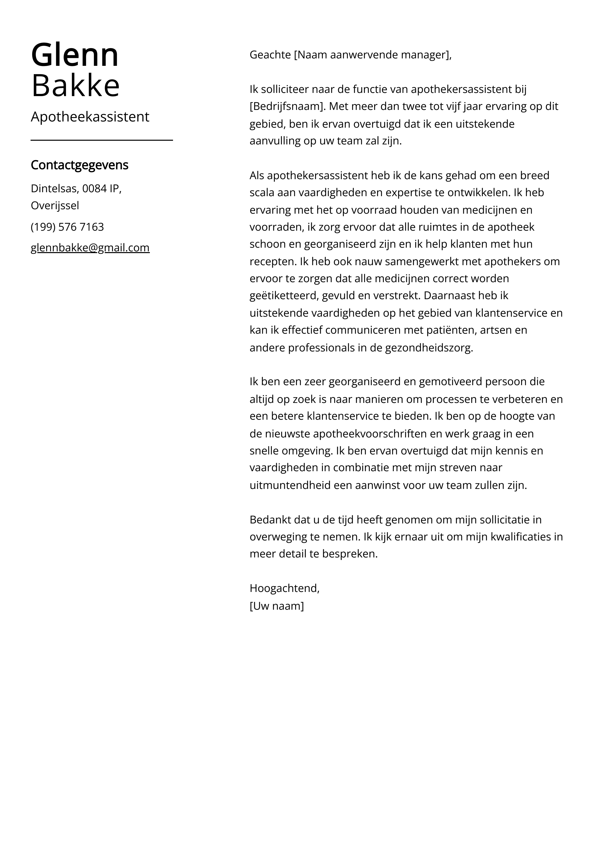 Apotheekassistent Sollicitatiebrief Voorbeeld