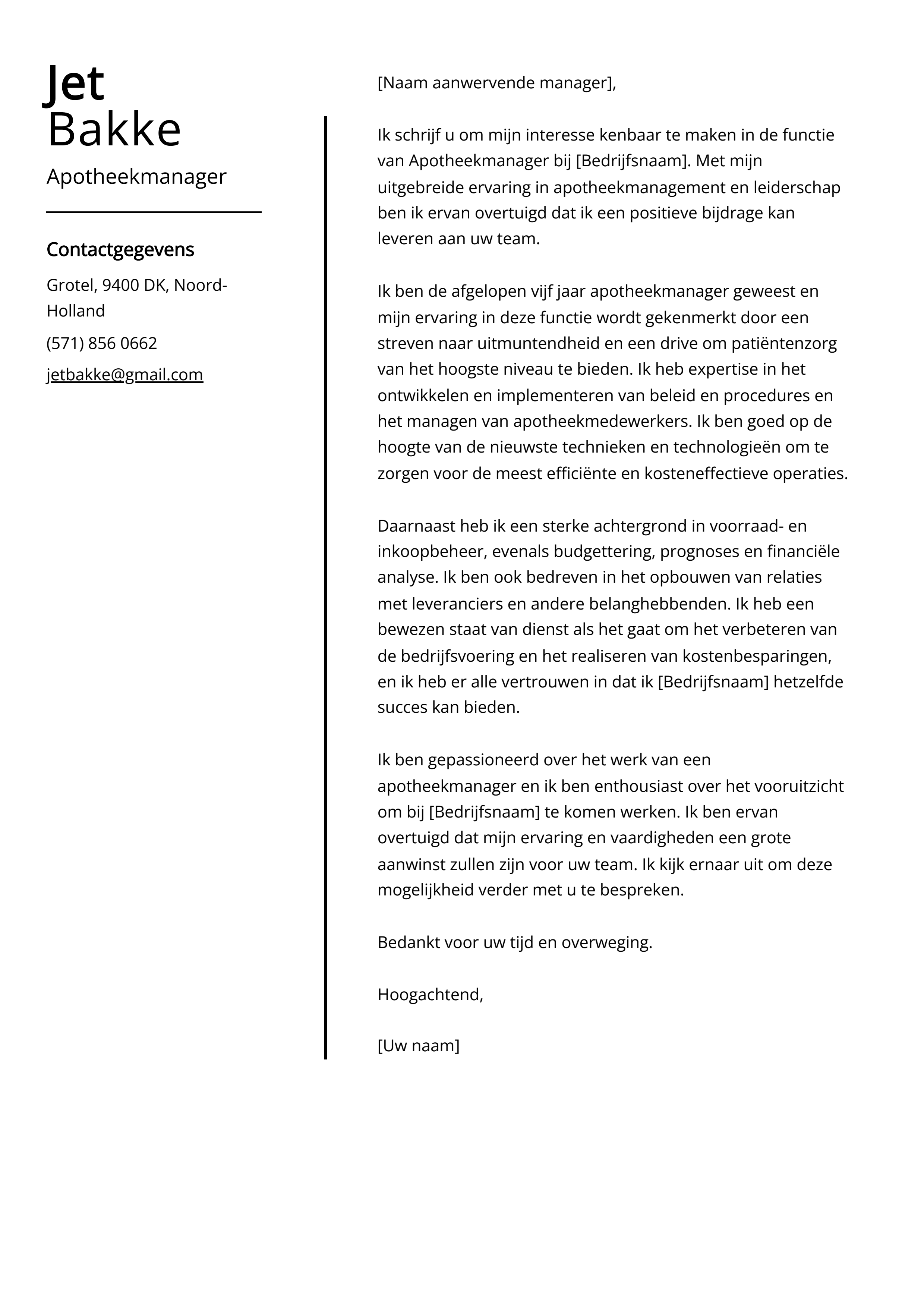 Apotheekmanager Sollicitatiebrief Voorbeeld