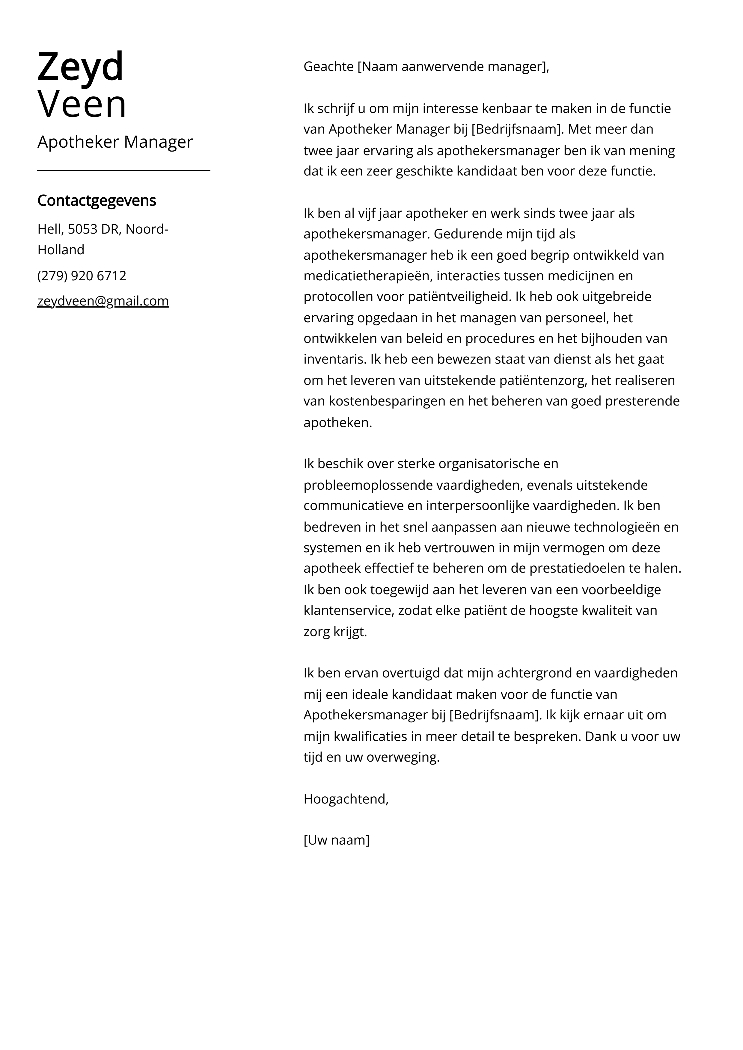 Apotheker Manager Sollicitatiebrief Voorbeeld