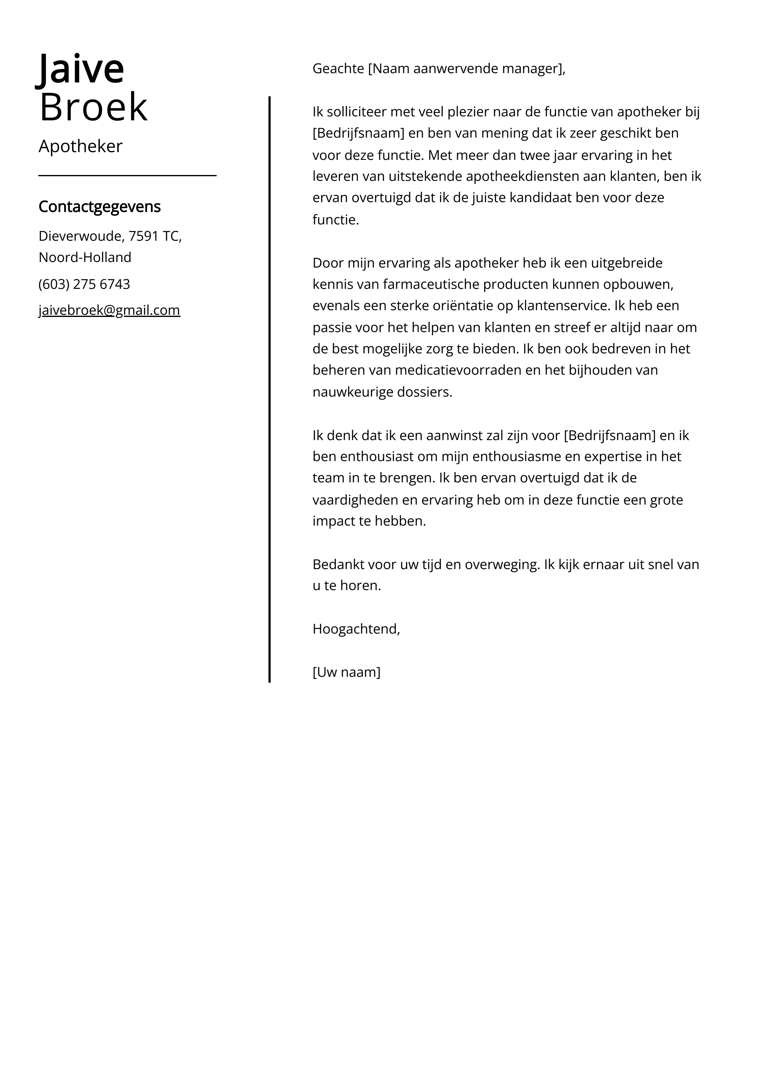 Apotheker Sollicitatiebrief Voorbeeld