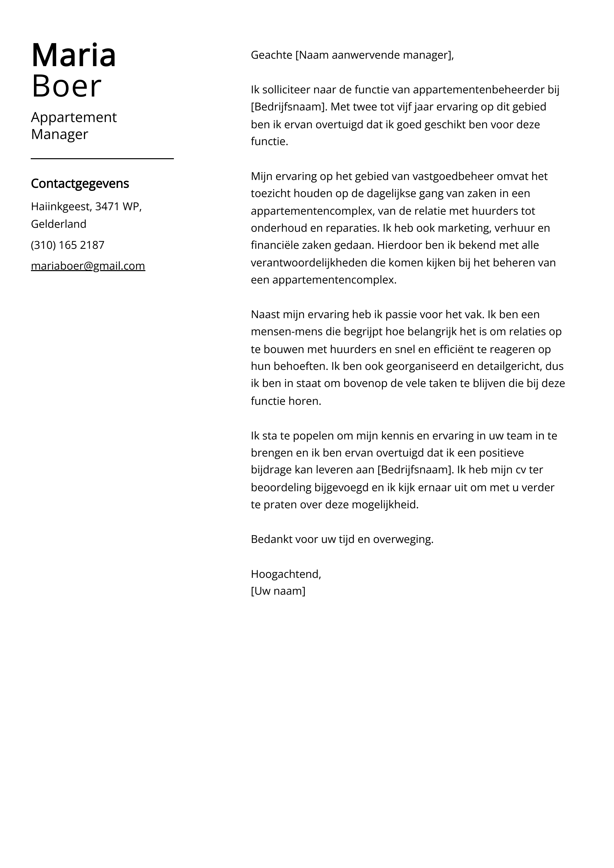 Appartement Manager Sollicitatiebrief Voorbeeld