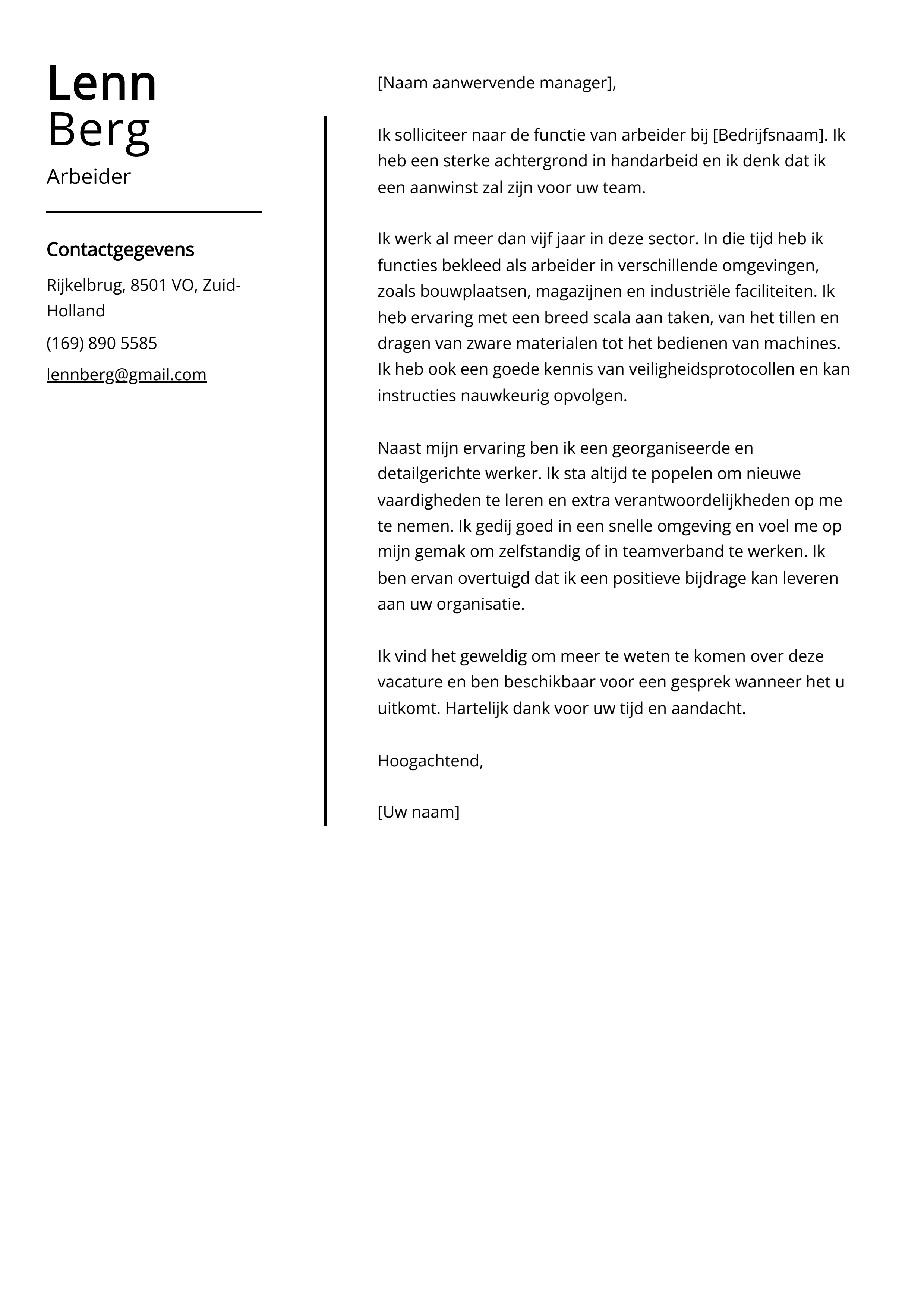 Arbeider Sollicitatiebrief Voorbeeld