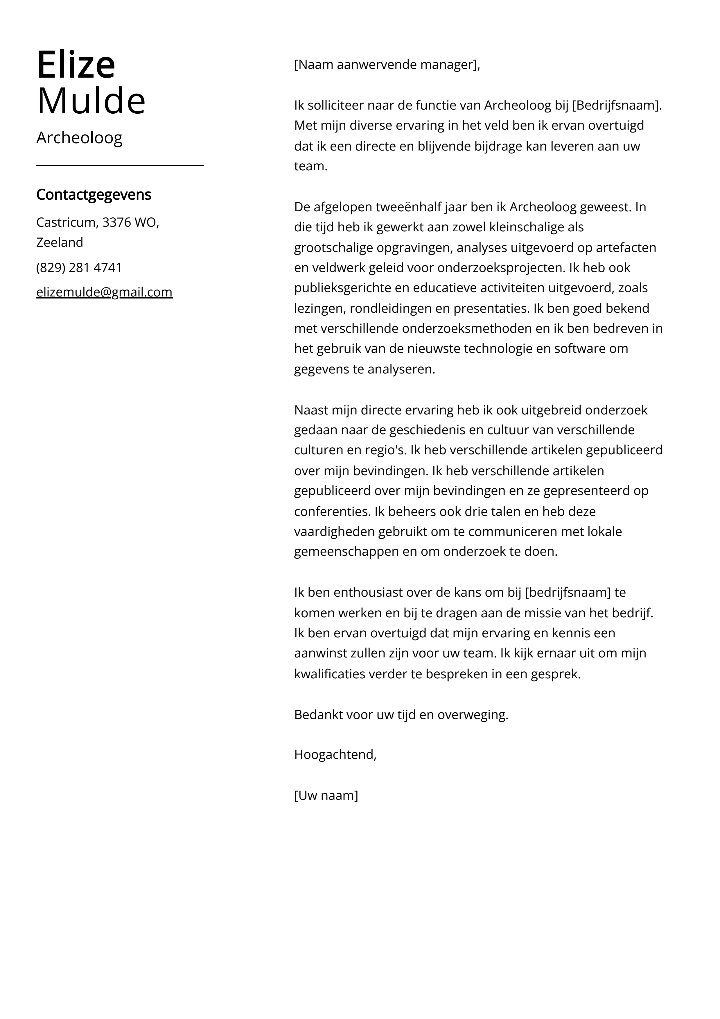 Archeoloog Sollicitatiebrief Voorbeeld