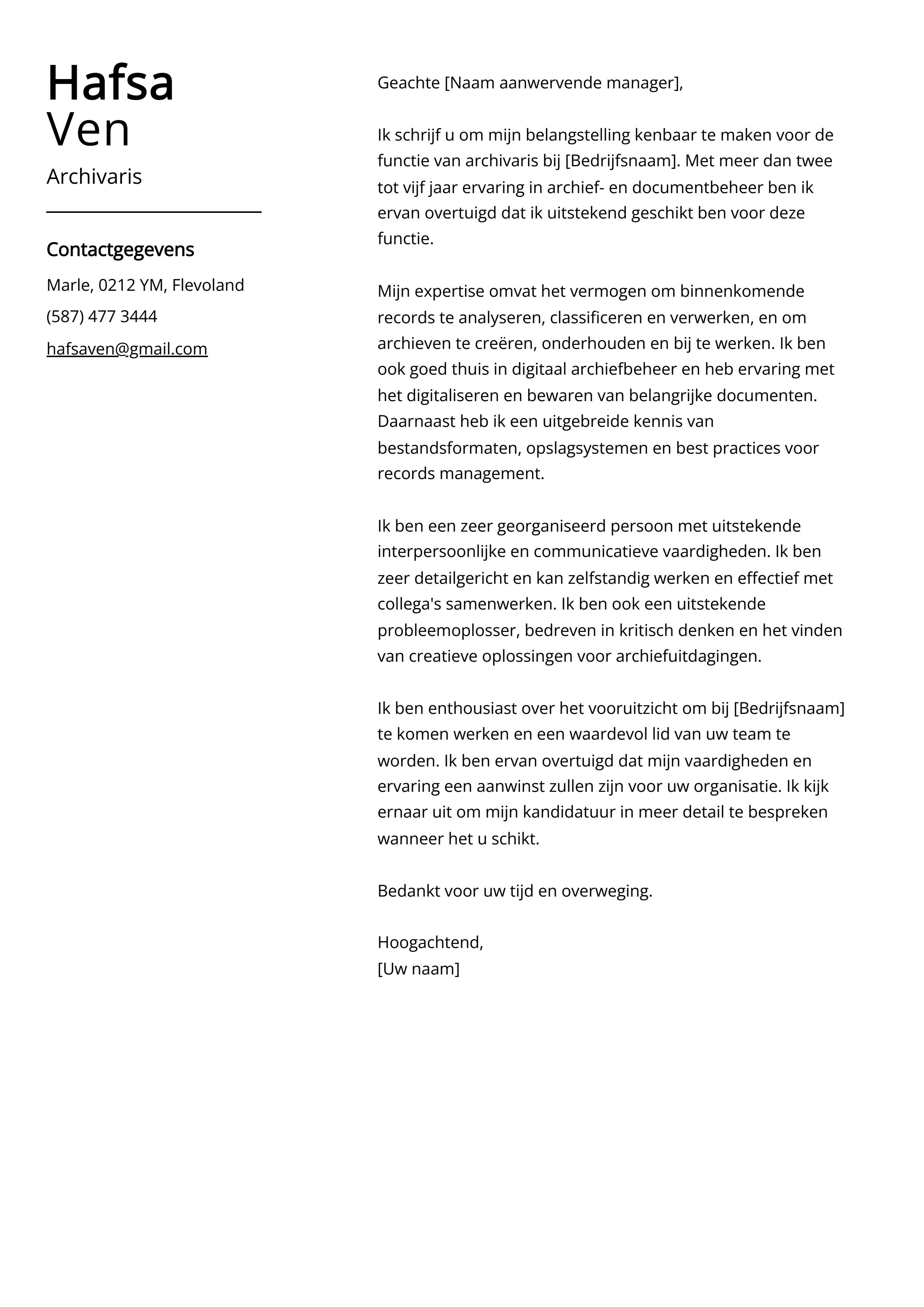 Archivaris Sollicitatiebrief Voorbeeld