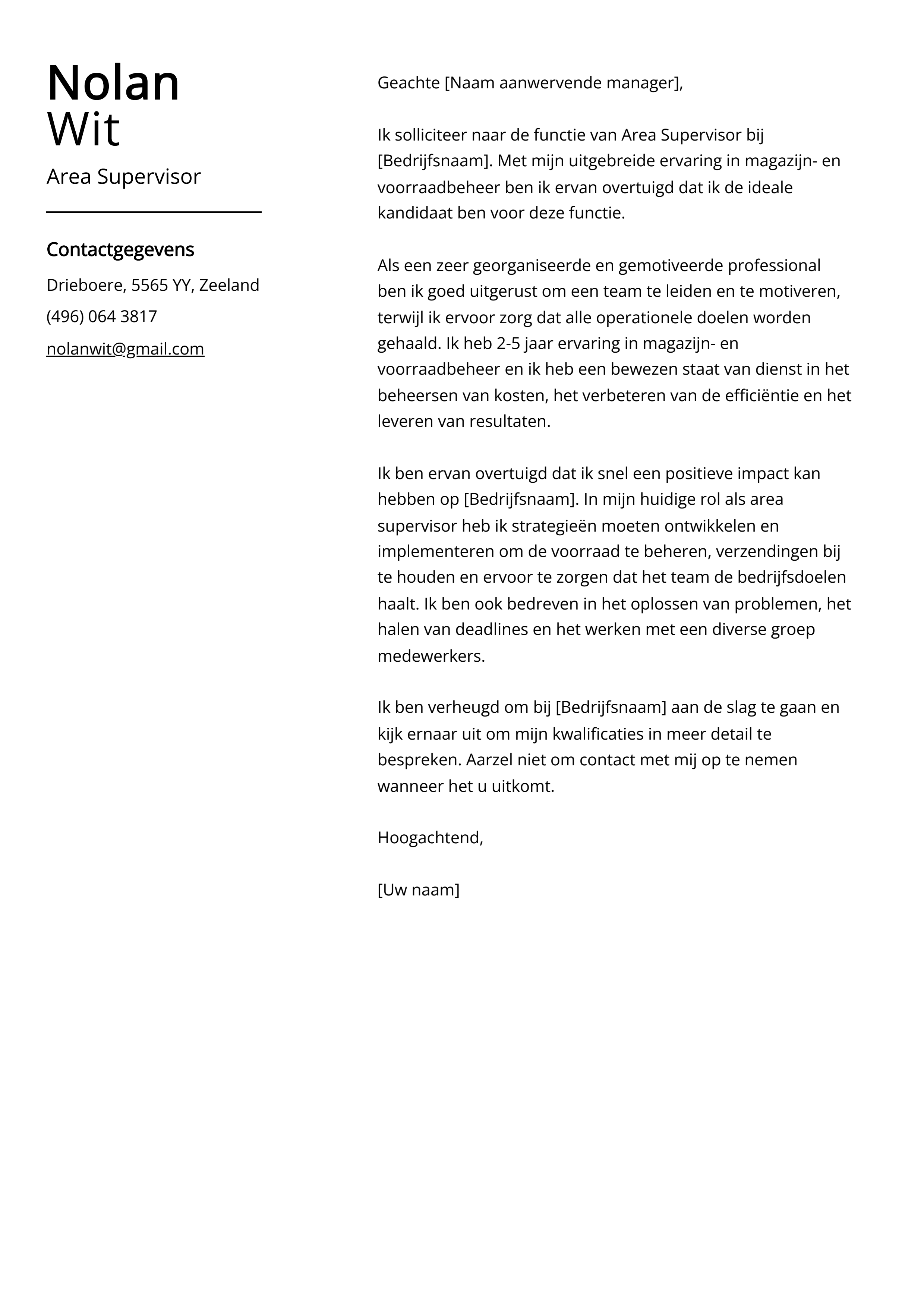 Area Supervisor Voorbeeld sollicitatiebrief